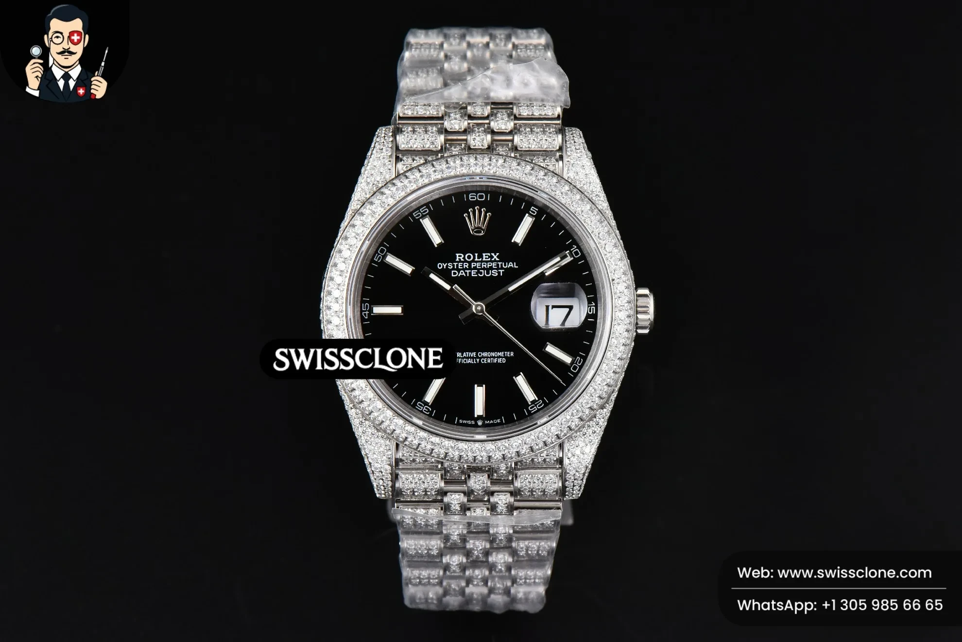 Rolex Datejust 41mm Full Diamond Black Dial Jubilee 1:1 Super Clone - Dial Macro Close-Up