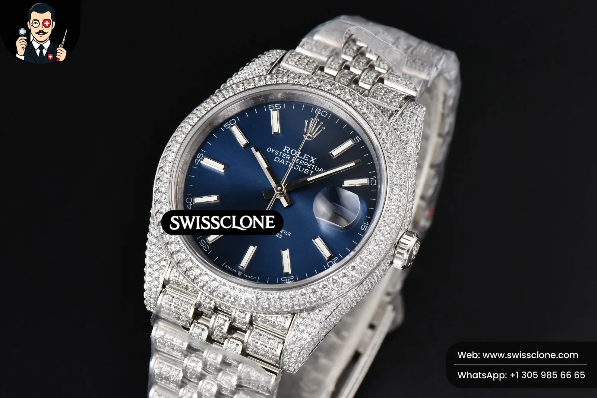Rolex Datejust 41mm Full Diamond Blue Dial Jubilee 1:1 Super Clone - Bezel & Case Profile