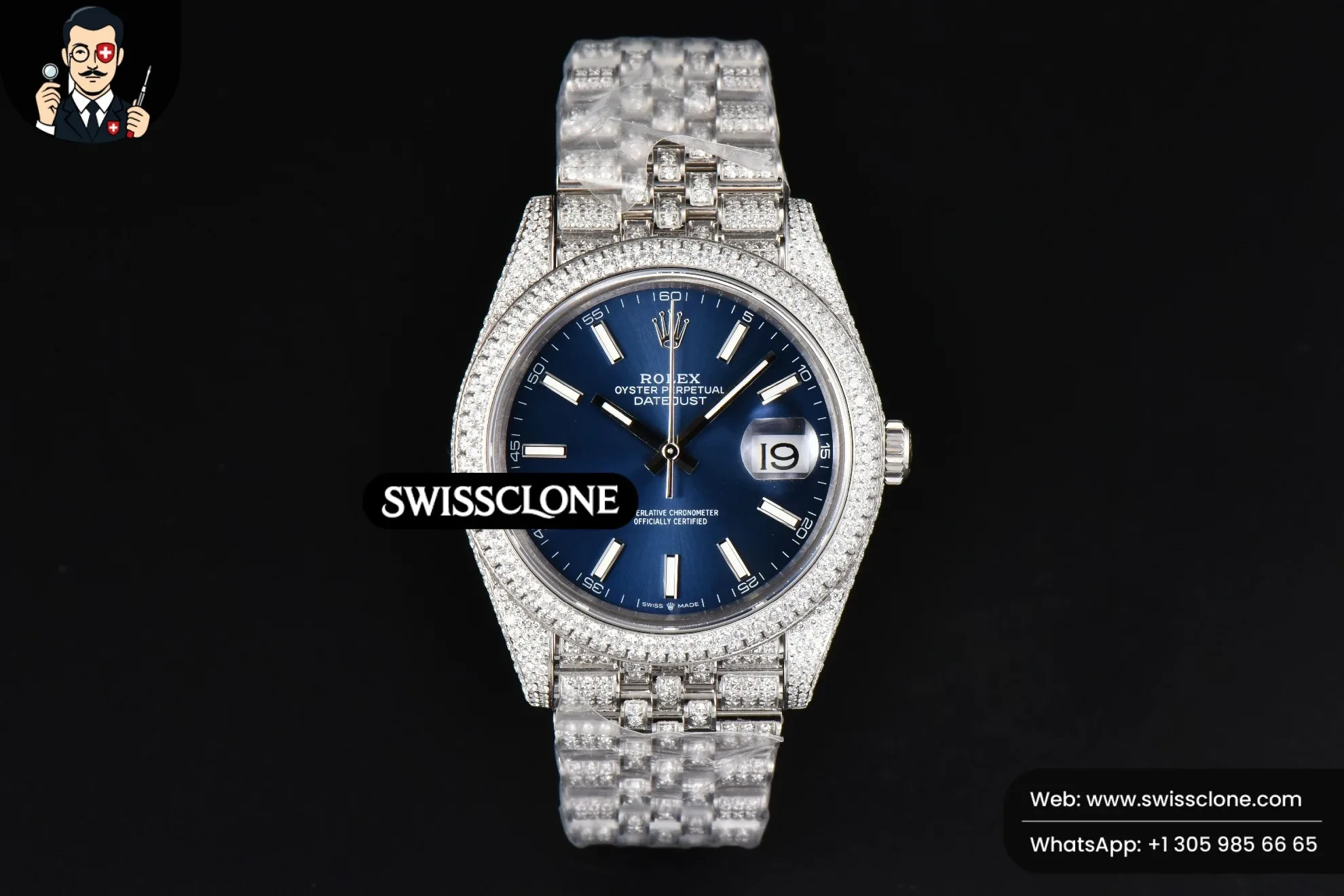 Rolex Datejust 41mm Full Diamond Blue Dial Jubilee 1:1 Super Clone - Dial Macro Close-Up