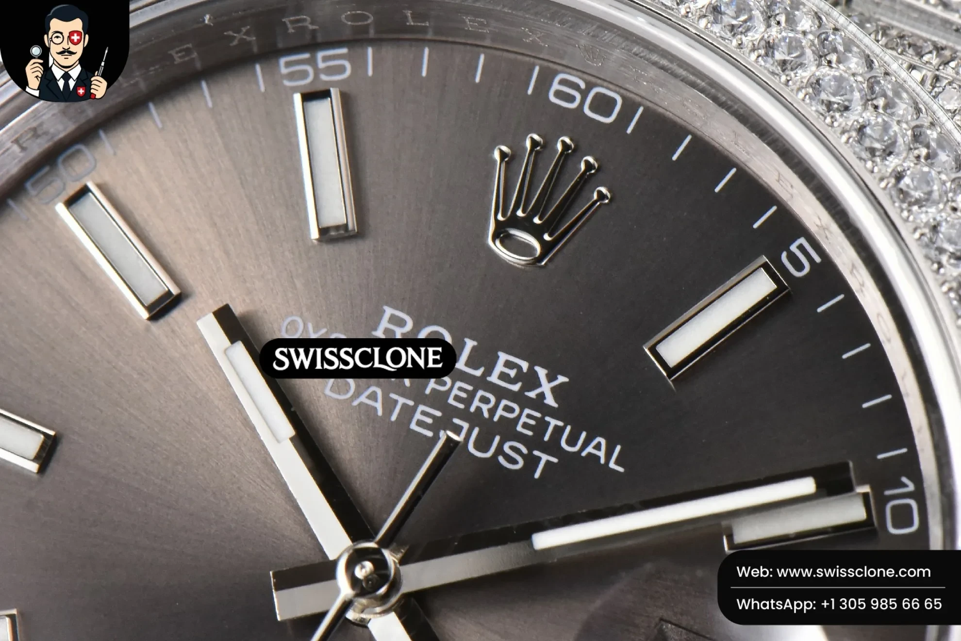 Rolex Datejust 41mm Full Diamond Gray Dial Jubilee 1:1 Super Clone - Bezel & Case Profile