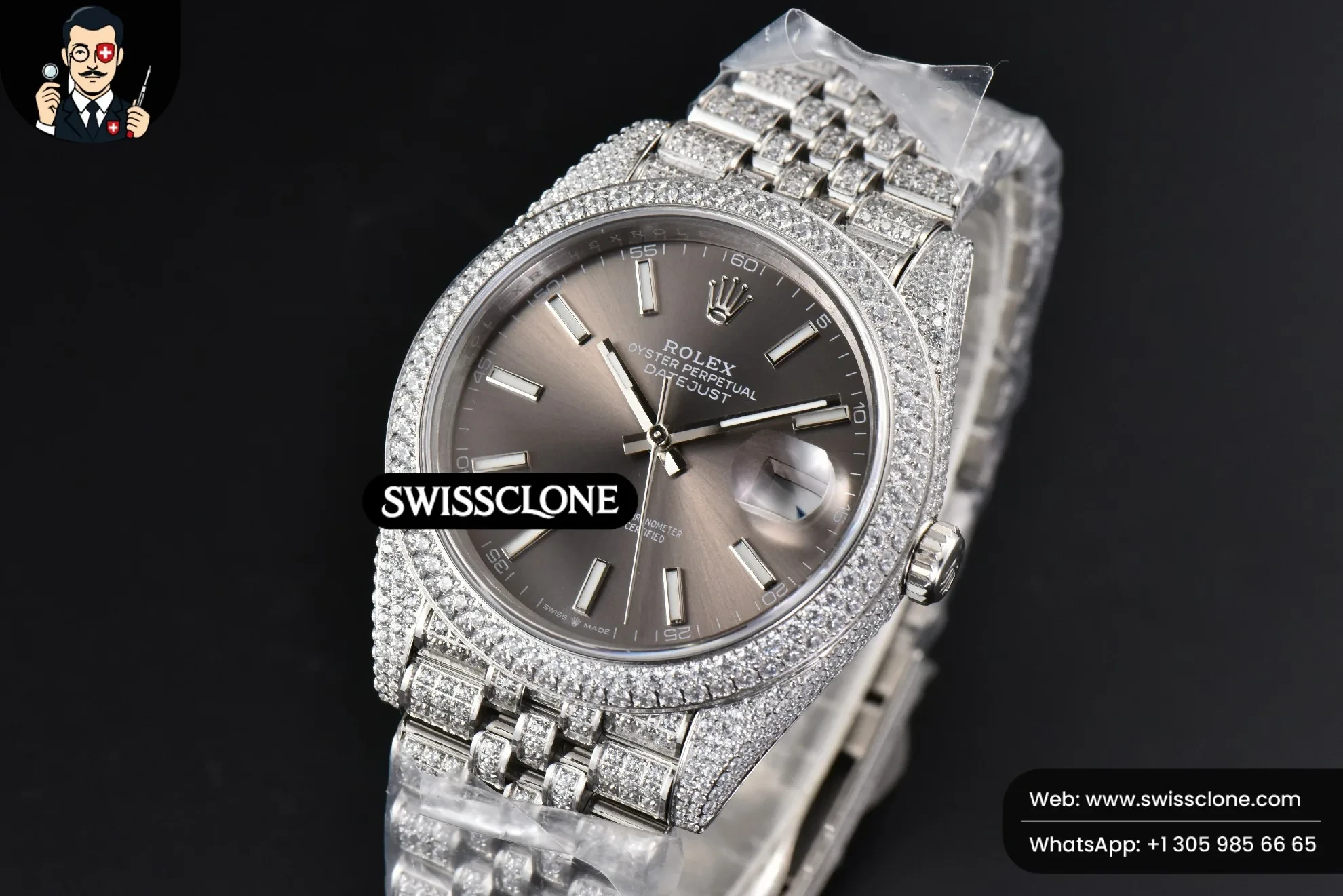 Rolex Datejust 41mm Full Diamond Gray Dial Jubilee 1:1 Super Clone - Dial Macro Close-Up