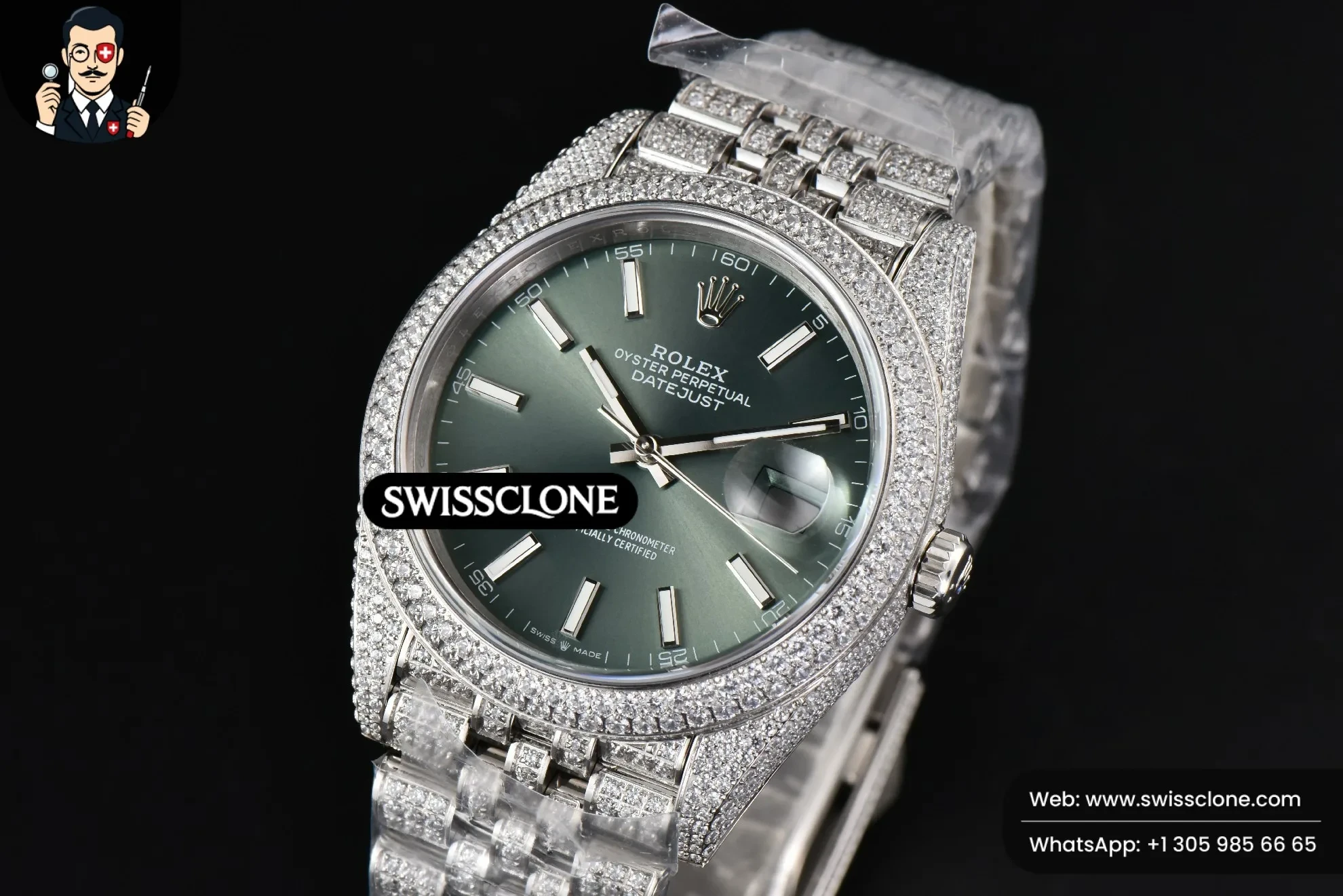 Rolex Datejust 41mm Full Diamond Green Dial Jubilee 1:1 Super Clone - Bezel & Case Profile