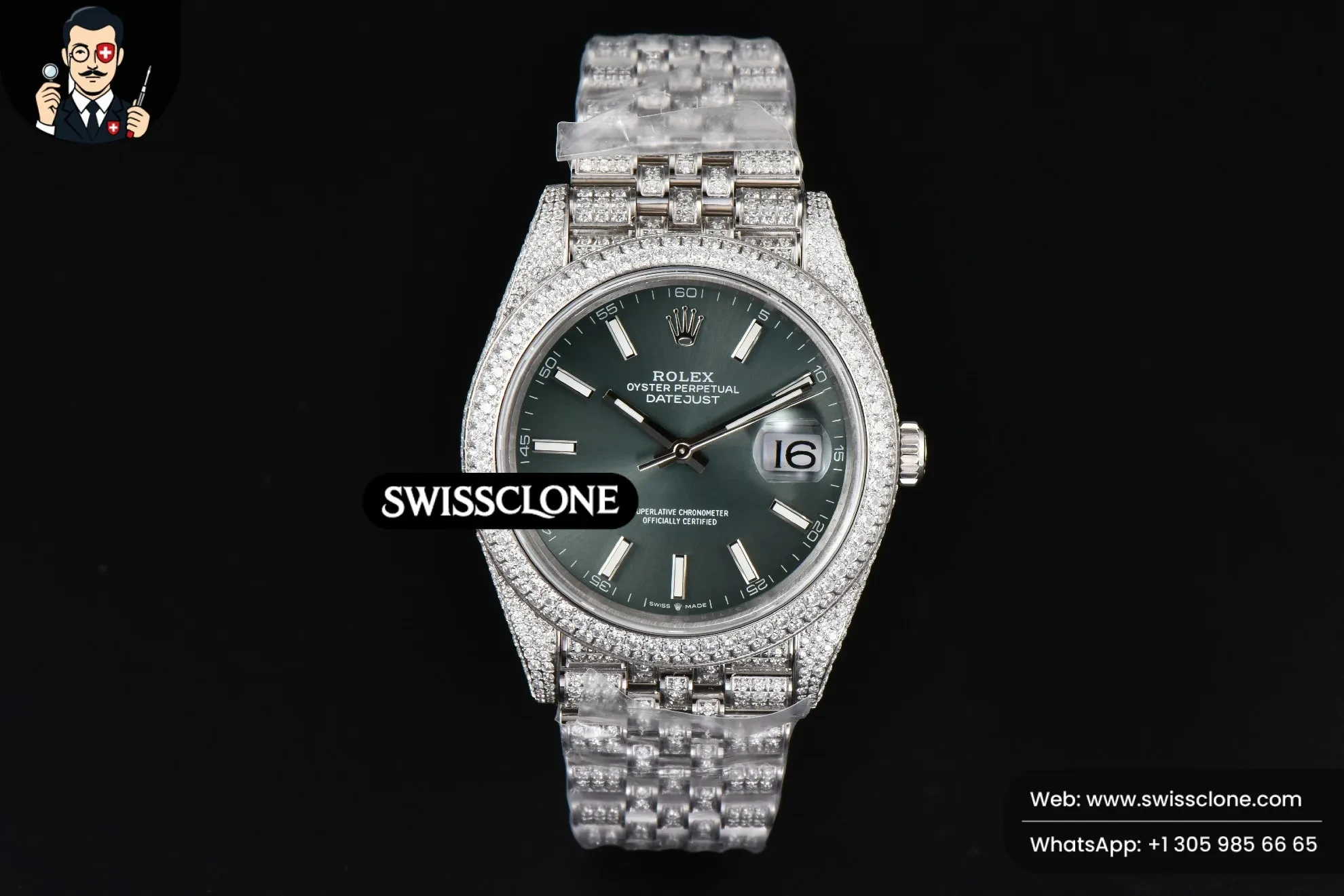 Rolex Datejust 41mm Full Diamond Green Dial Jubilee 1:1 Super Clone - Dial Macro Close-Up