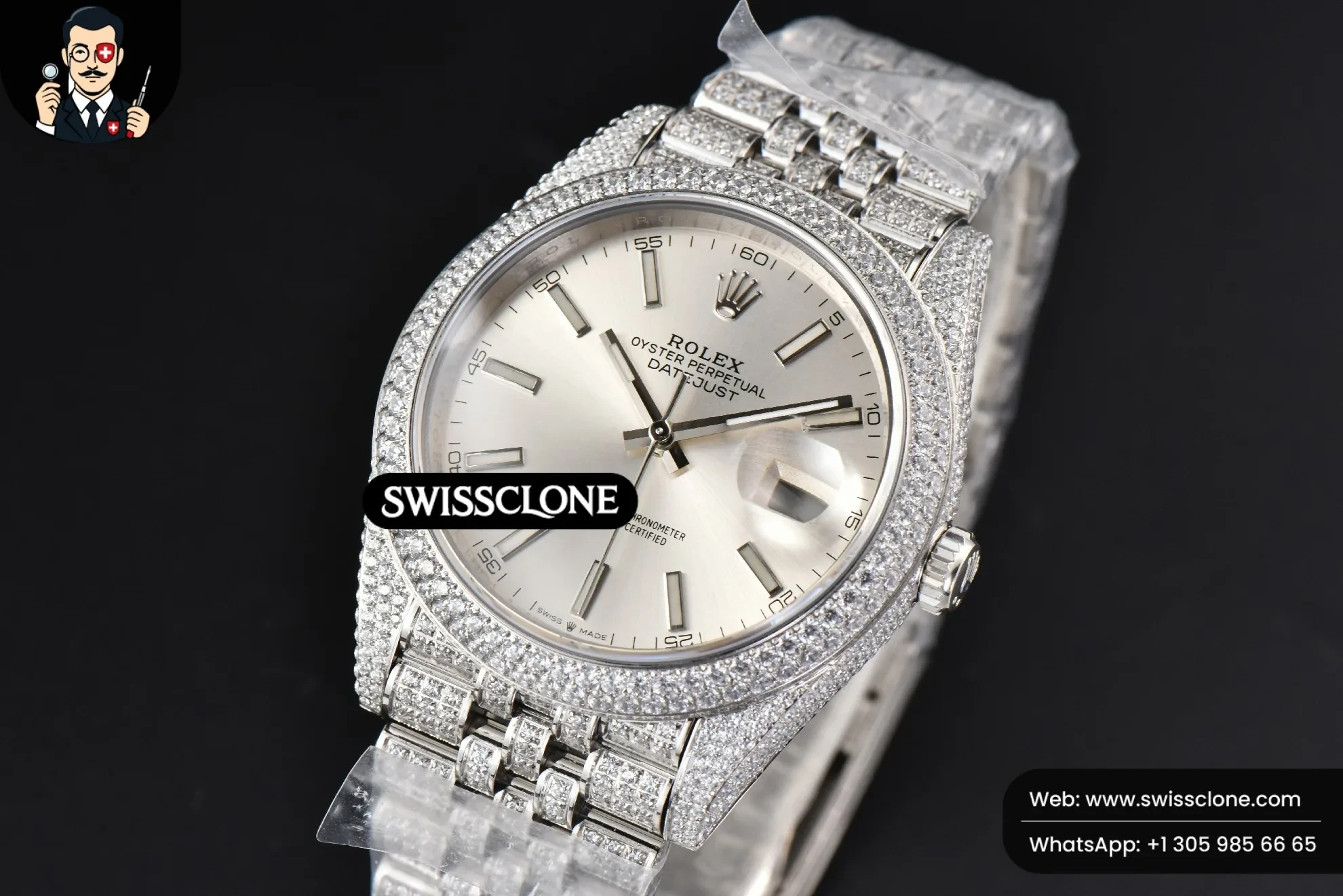 Rolex Datejust 41mm Full Diamond Silver Dial Jubilee 1:1 Super Clone - Bezel & Case Profile