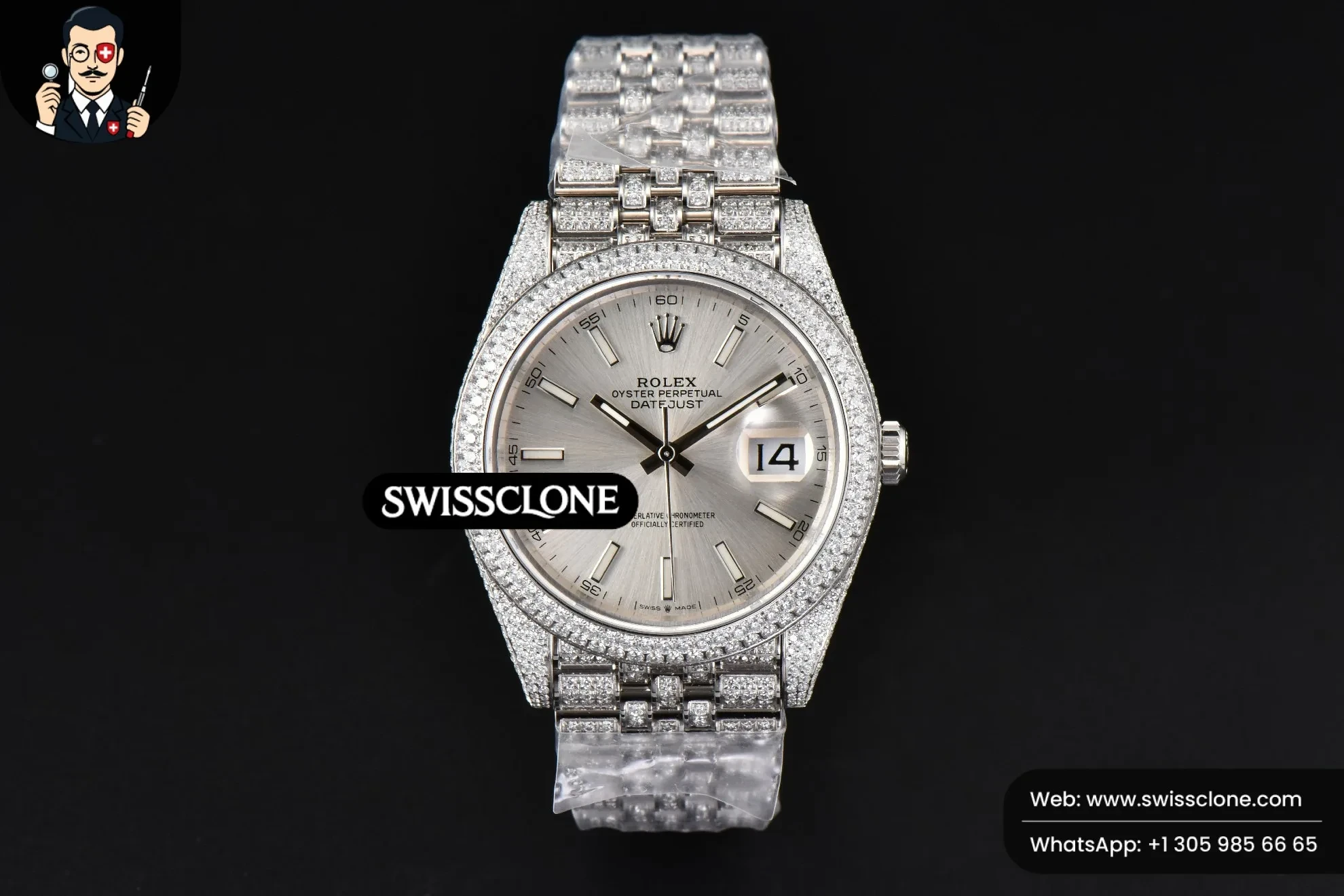 Rolex Datejust 41mm Full Diamond Silver Dial Jubilee 1:1 Super Clone - Dial Macro Close-Up