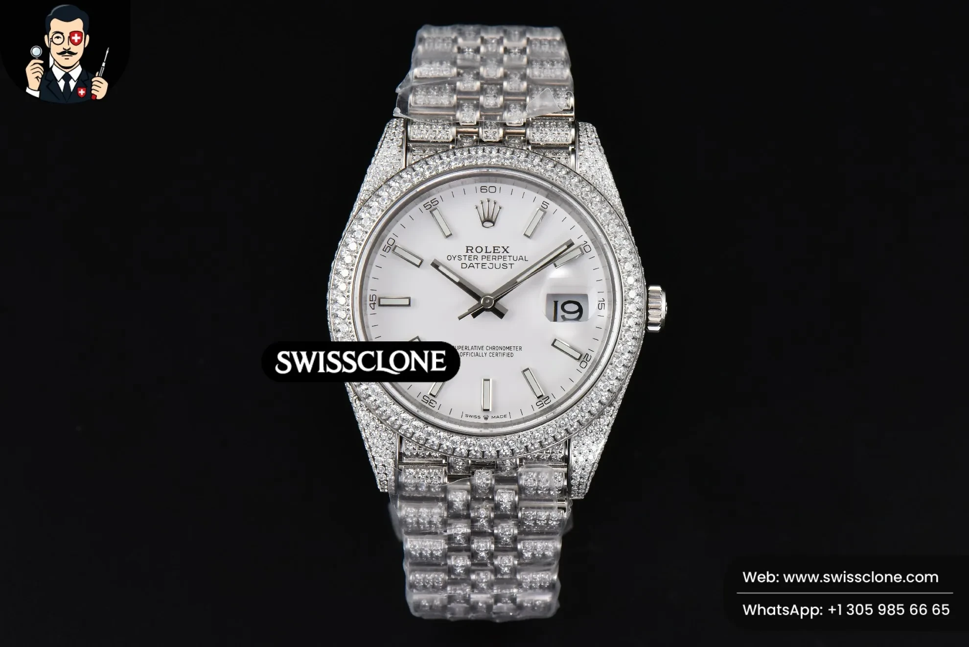 Rolex Datejust 41mm Full Diamond White Dial Jubilee 1:1 Super Clone - Dial Macro Close-Up