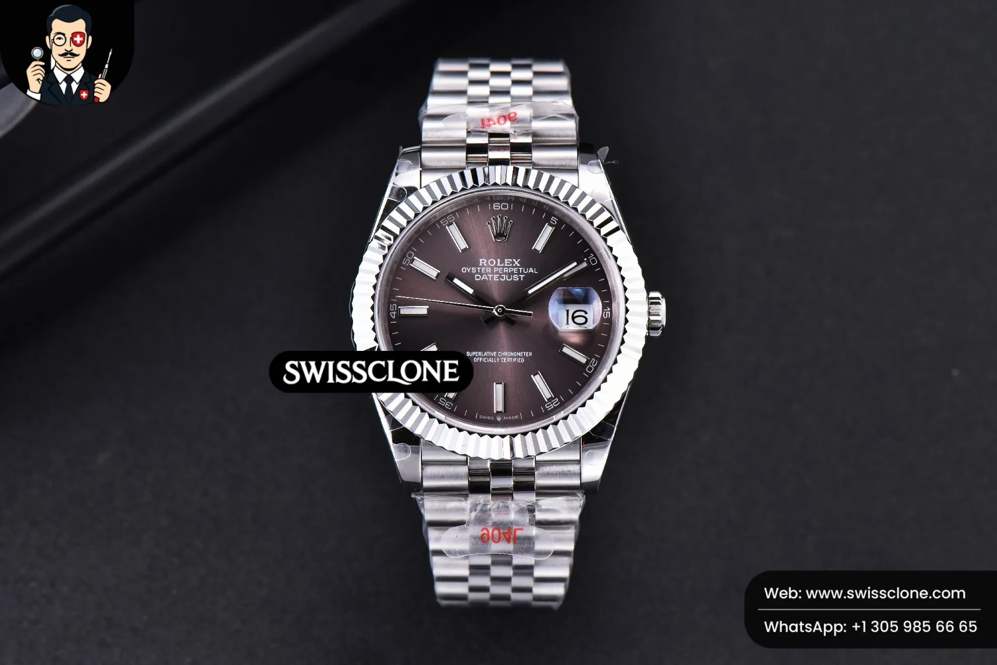 Rolex Datejust 41mm Gray Dial Lume Marker Fluted Bezel Jubille VR3235 1:1 Super Clone - Dial Macro Close-Up