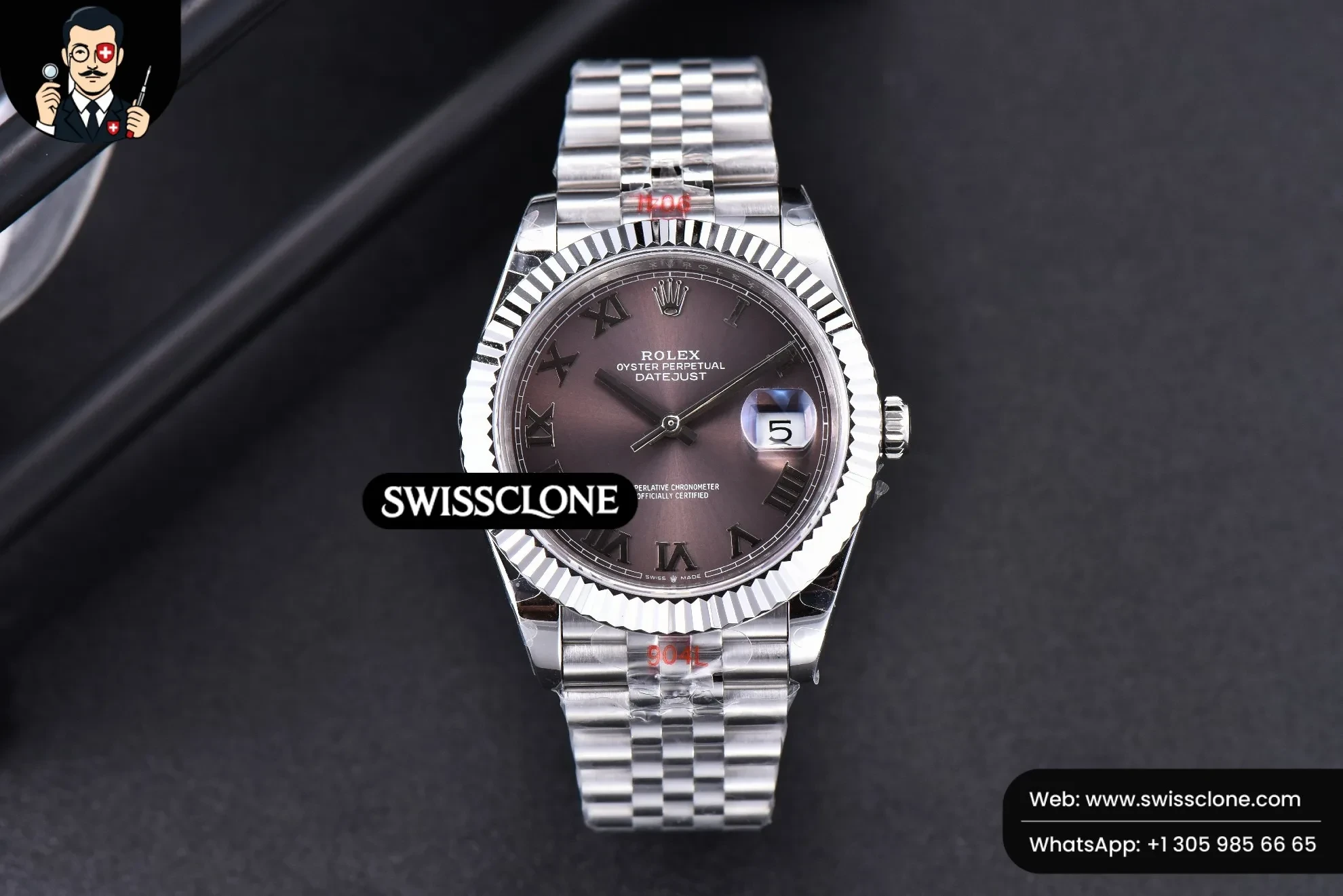Rolex Datejust 41mm Gray Dial Roma Marker Fluted Bezel Jubille VR3235 1:1 Super Clone - Dial Macro Close-Up
