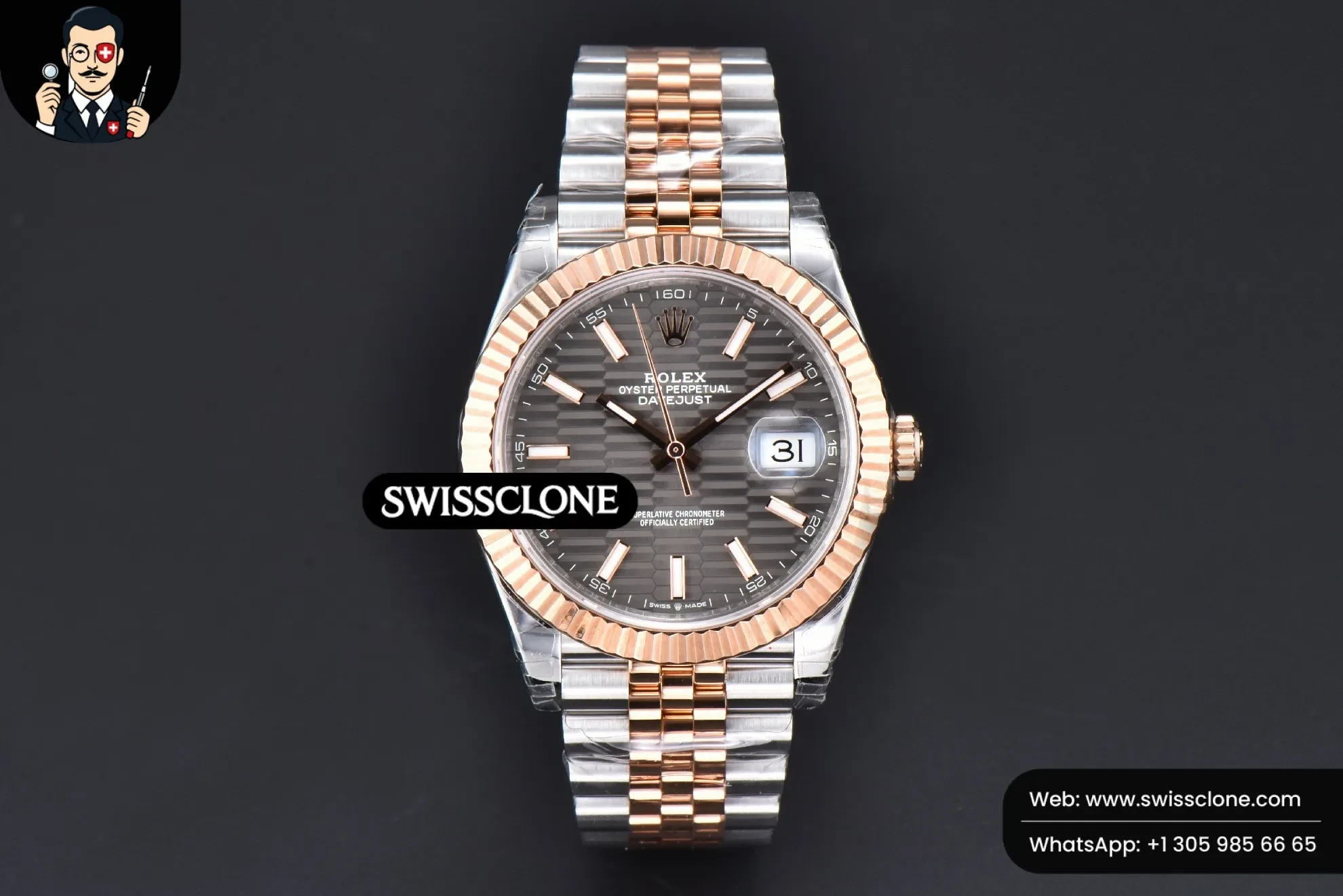 Rolex DateJust 41mm RG/SS Gray Motif Dial Lume Marker Jubilee VS3235 1:1 Super Clone - Dial Macro Close-Up