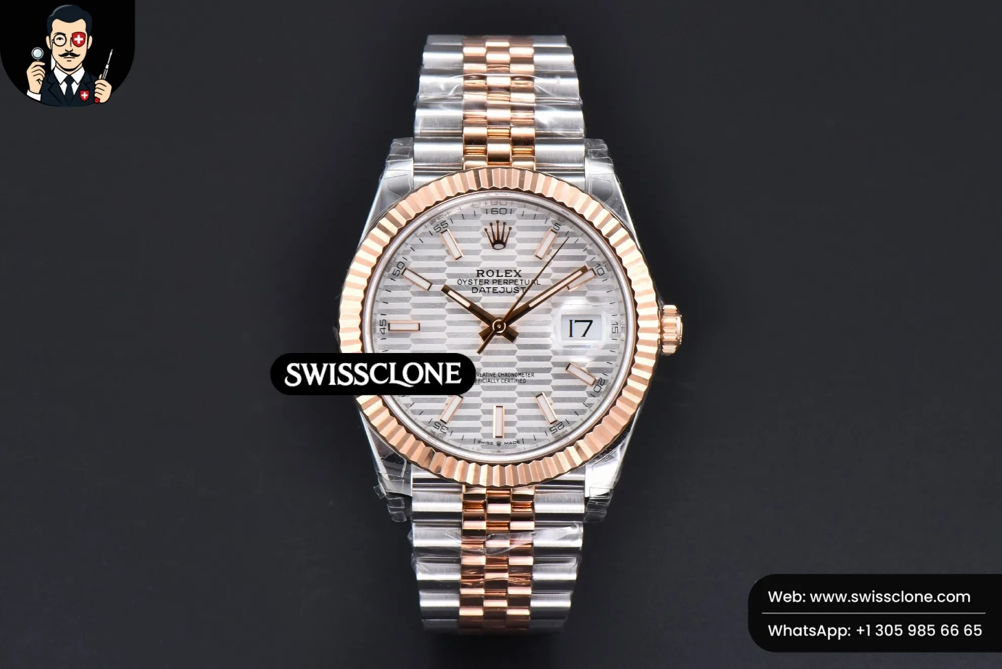 Rolex DateJust 41mm RG/SS Silver Motif Dial Lume Marker Jubilee VS3235 1:1 Super Clone - Dial Macro Close-Up