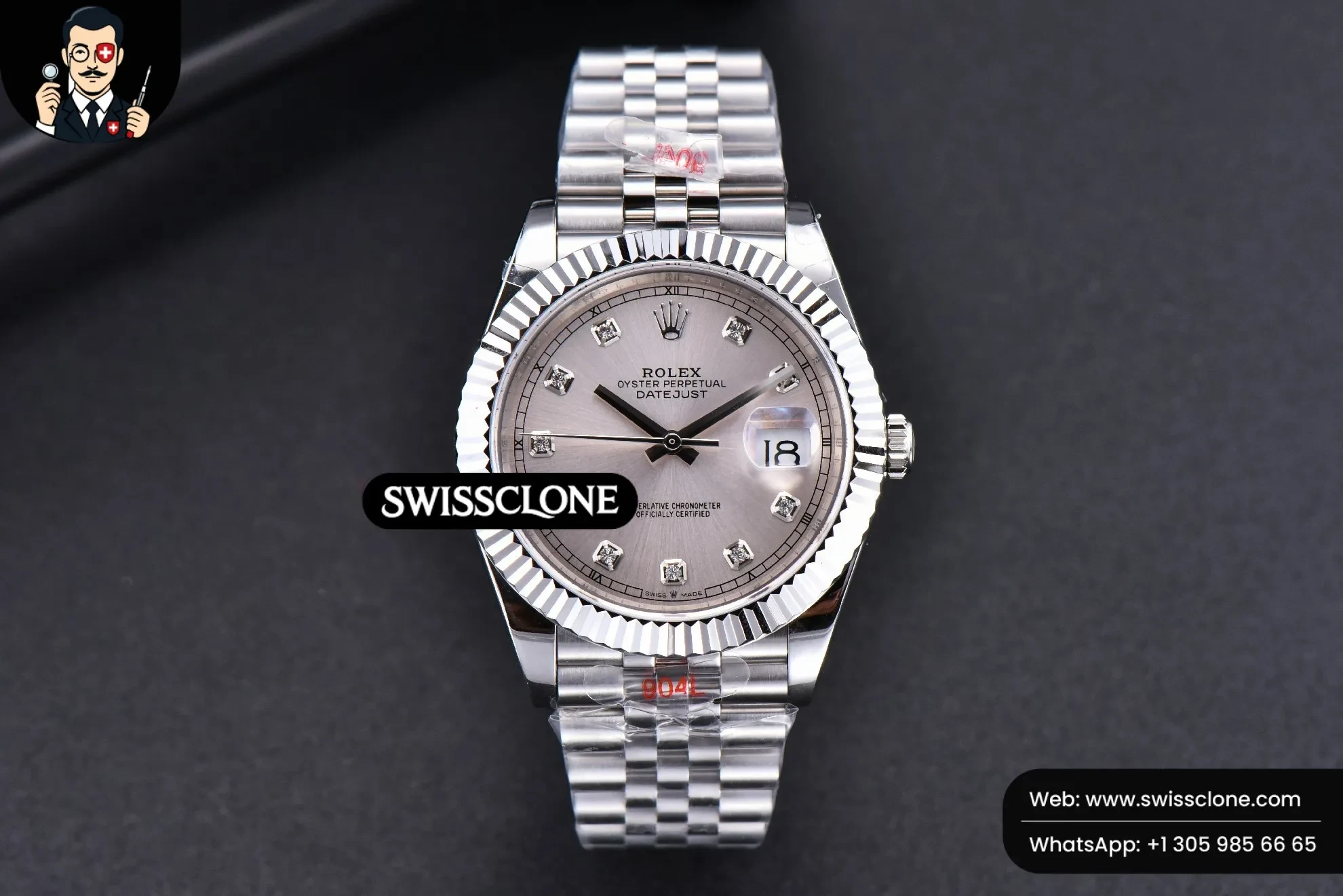 Rolex Datejust 41mm Silver Dial Diamond Marker Fluted Bezel Jubille VR3235 1:1 Super Clone - Dial Macro Close-Up