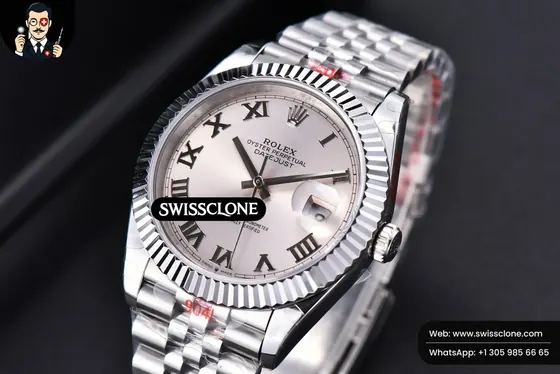 Rolex Datejust 41mm Silver Dial Roma Marker Fluted Bezel Jubille VR3235 1:1 Super Clone - Dial Macro Close-Up
