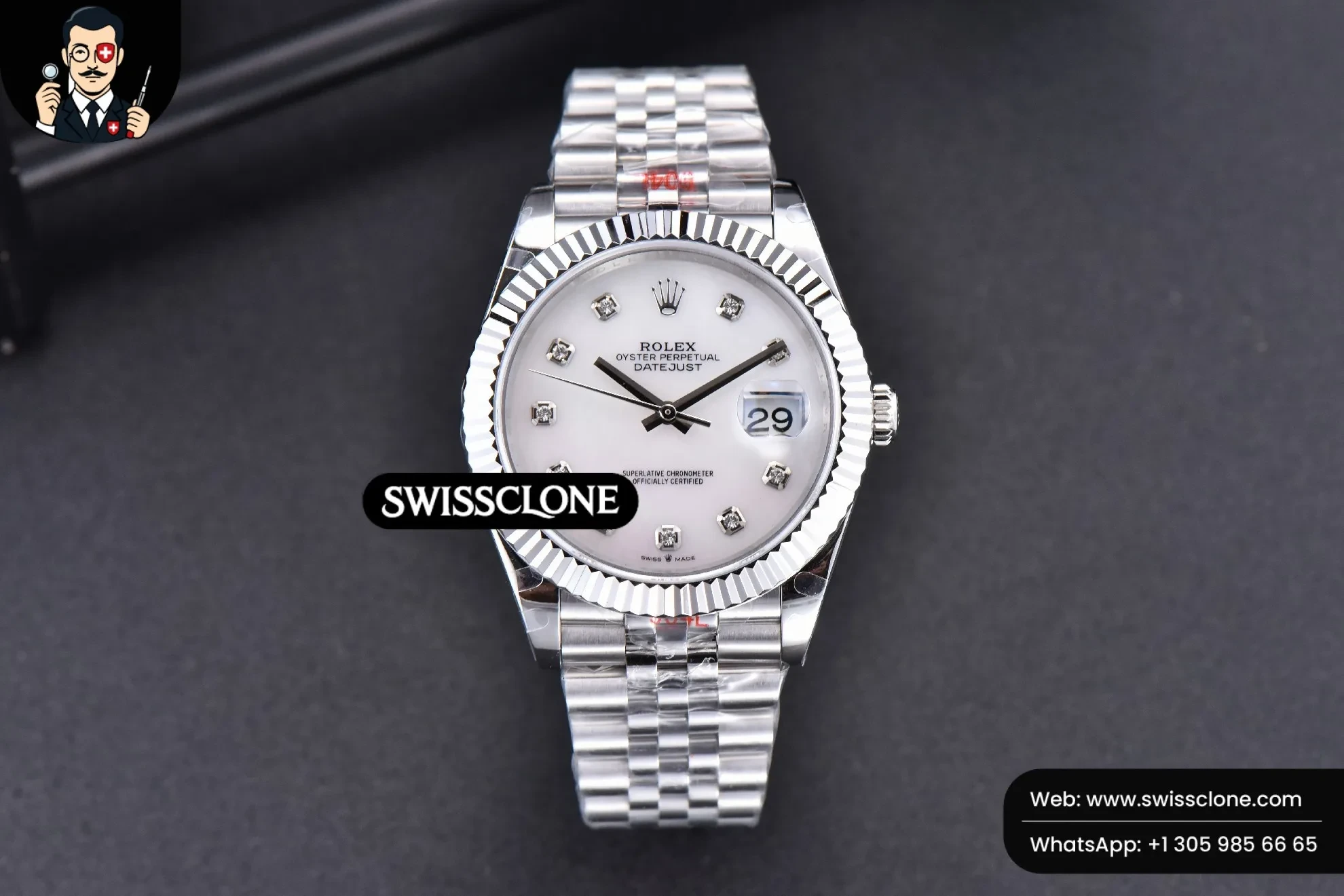 Rolex Datejust 41mm White Dial Diamond Marker Fluted Bezel Jubille VR3235 1:1 Super Clone - Dial Macro Close-Up