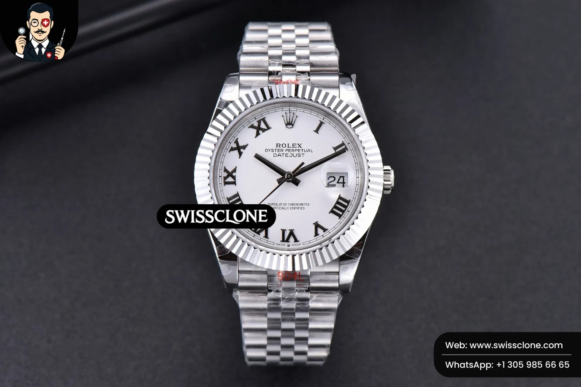 Rolex Datejust 41mm White Dial Roma Marker Fluted Bezel Jubille VR3235 1:1 Super Clone - Dial Macro Close-Up