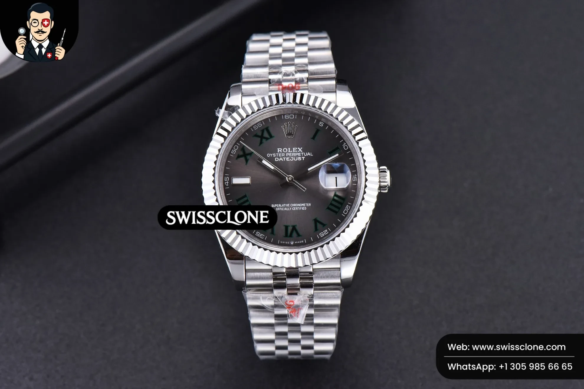 Rolex Datejust 41mm Wimbledon Gray Dial Green Marker Fluted Bezel Jubille VR3235 1:1 Super Clone - Dial Macro Close-Up