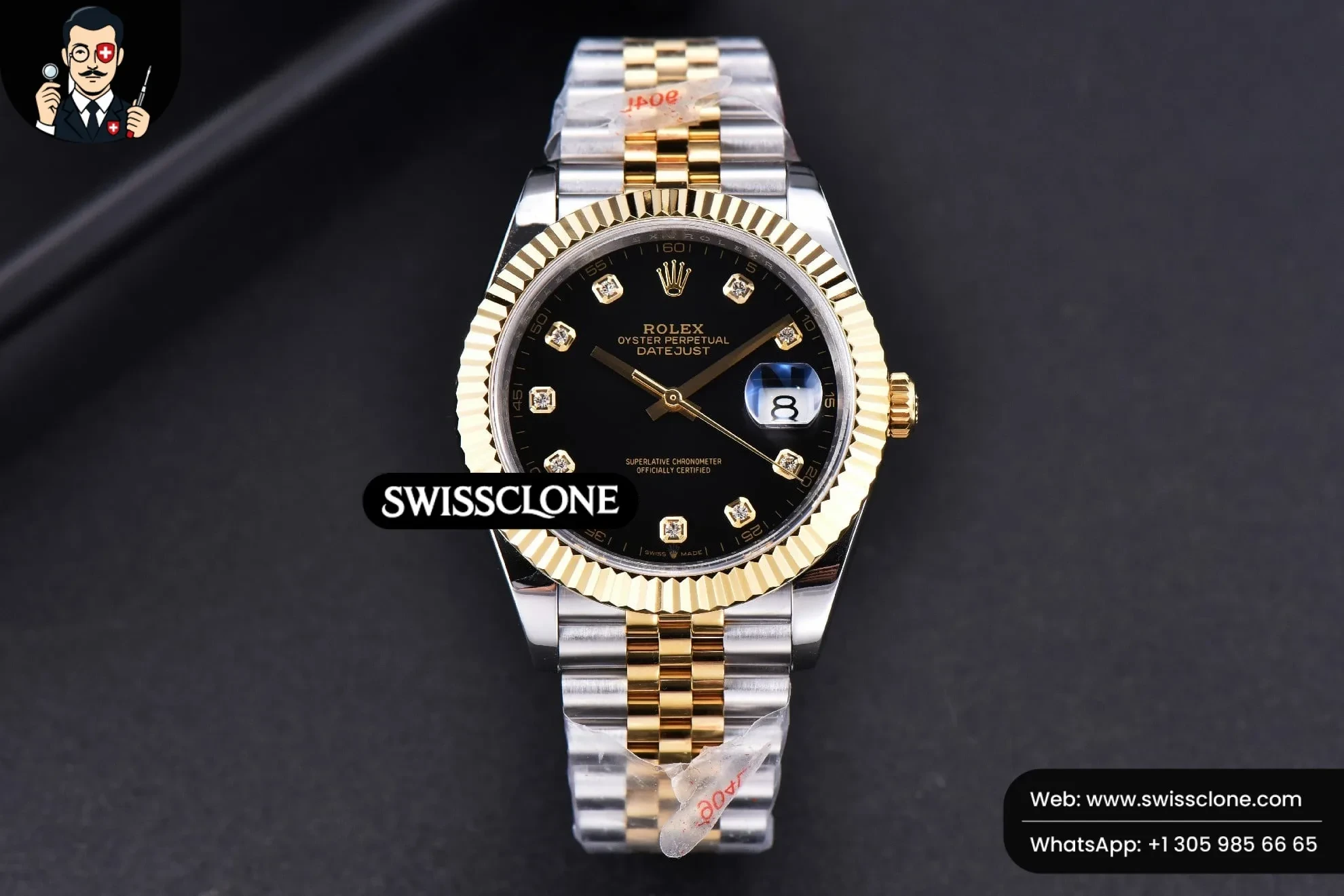 Rolex Datejust 41mm YG/SS Black Dial diamond Marker Fluted Bezel Jubille VR3235 1:1 Super Clone - Dial Macro Close-Up