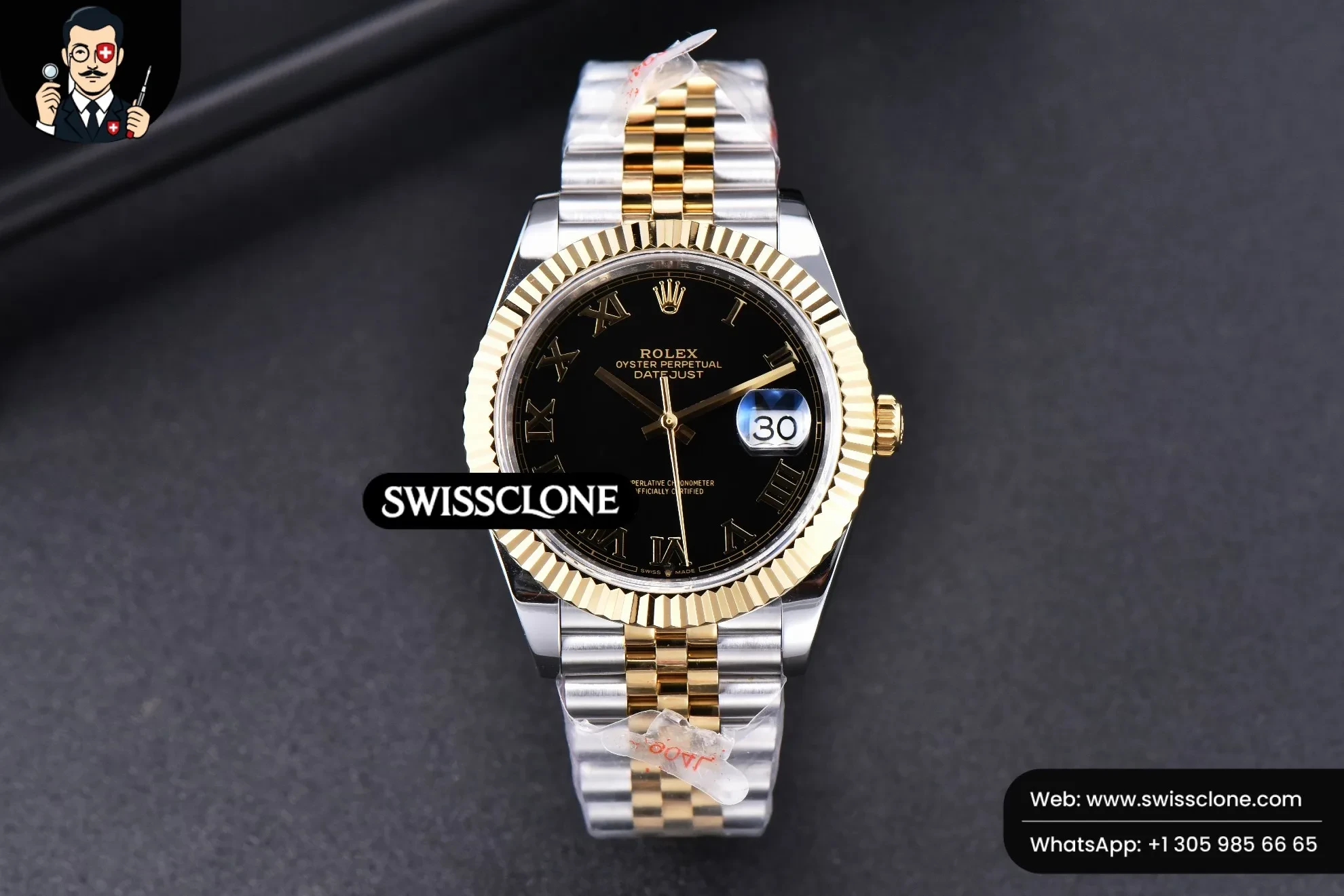 Rolex Datejust 41mm YG/SS Black Dial Roma Marker Fluted Bezel Jubille VR3235 1:1 Super Clone - Dial Macro Close-Up