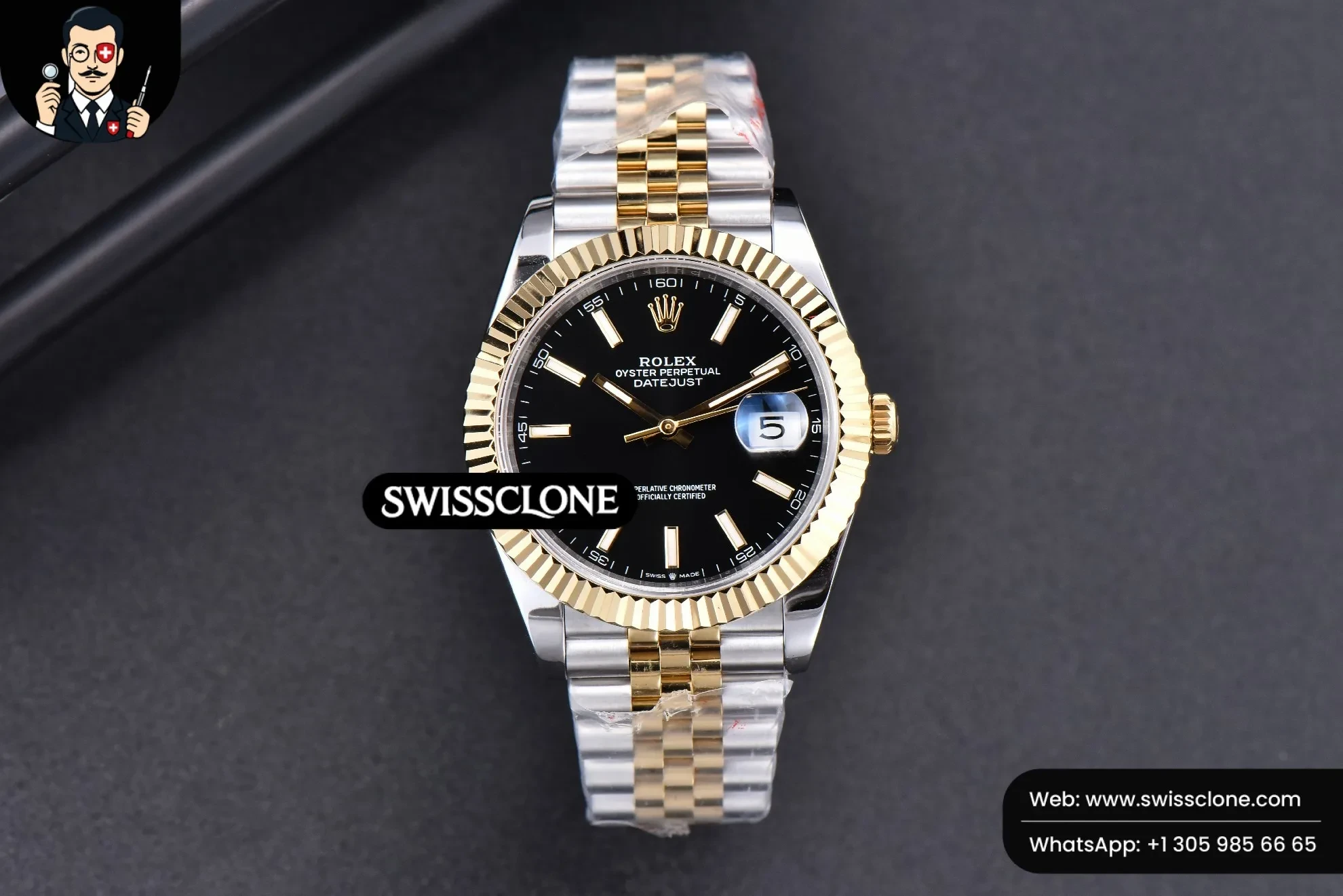 Rolex Datejust 41mm YG/SS Black Dial Stick Marker Fluted Bezel Jubille VR3235 1:1 Super Clone - Dial Macro Close-Up