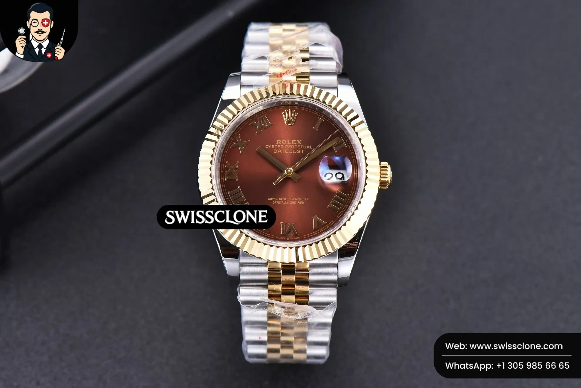 Rolex Datejust 41mm YG/SS Brown Dial Roma Marker Fluted Bezel Jubille VR3235 1:1 Super Clone - Dial Macro Close-Up