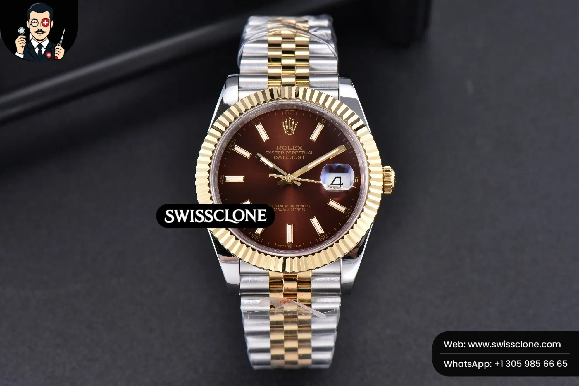 Rolex Datejust 41mm YG/SS Brown Dial Stick Marker Fluted Bezel Jubille VR3235 1:1 Super Clone - Dial Macro Close-Up