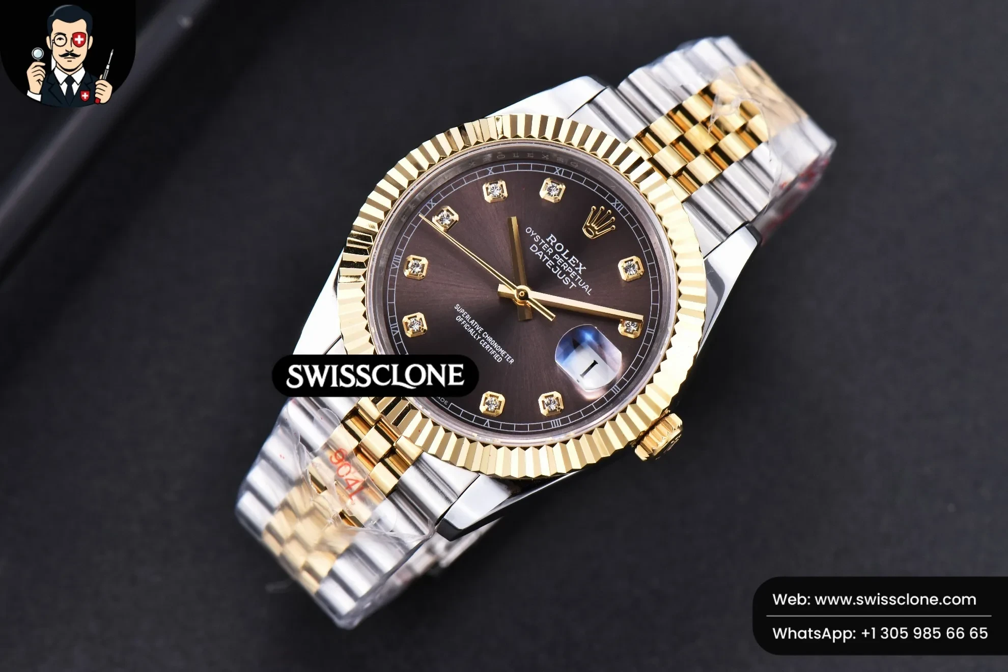 Rolex Datejust 41mm YG/SS Gray Dial Diamond Marker Fluted Bezel Jubille VR3235 1:1 Super Clone - Bezel & Case Profile