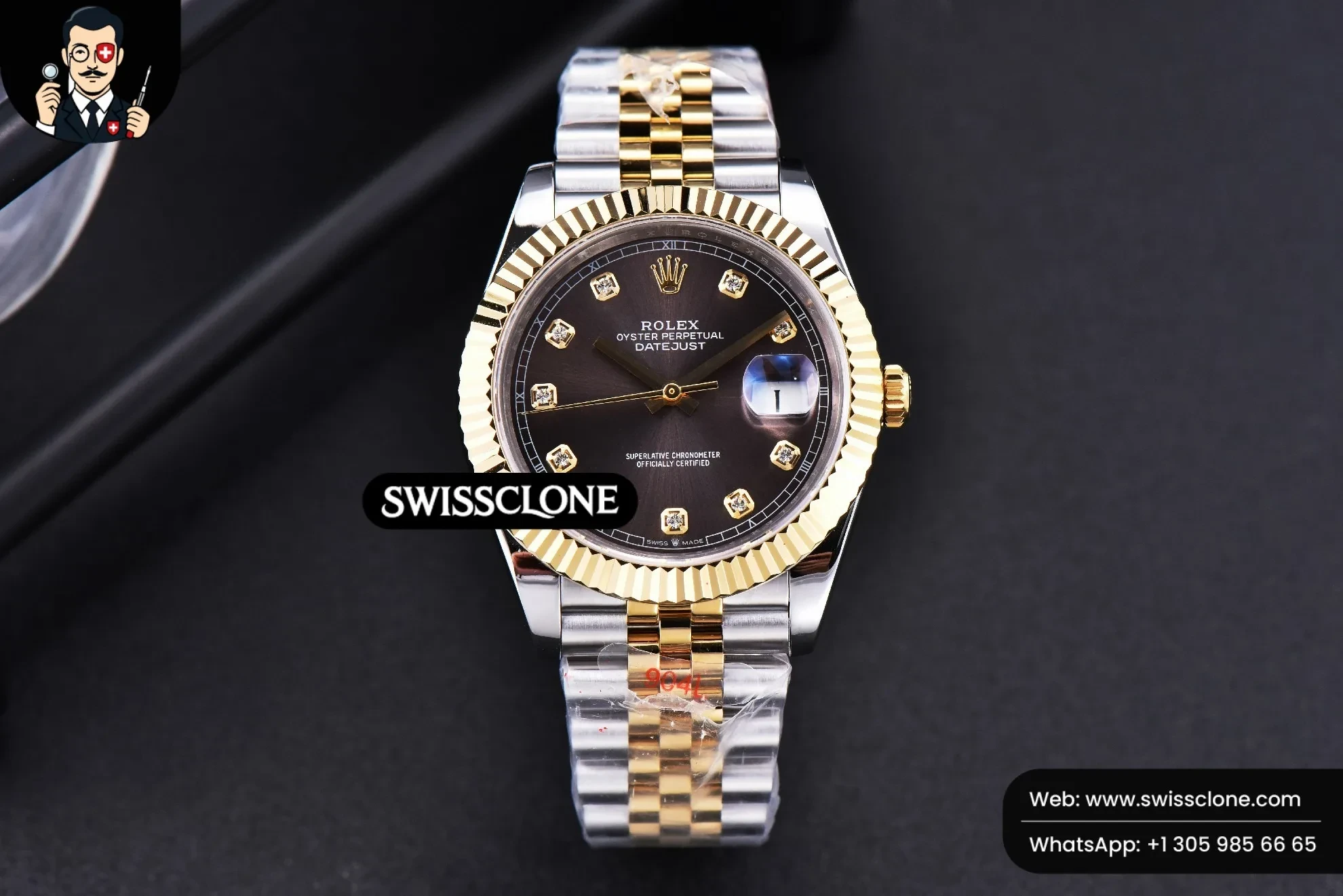 Rolex Datejust 41mm YG/SS Gray Dial Diamond Marker Fluted Bezel Jubille VR3235 1:1 Super Clone - Dial Macro Close-Up