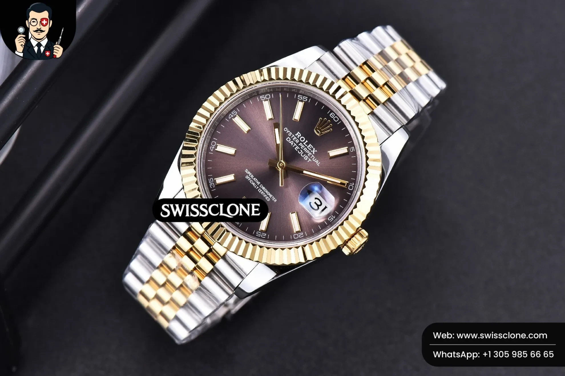 Rolex Datejust 41mm YG/SS Gray Dial Stick Marker Fluted Bezel Jubille VR3235 1:1 Super Clone - Bezel & Case Profile