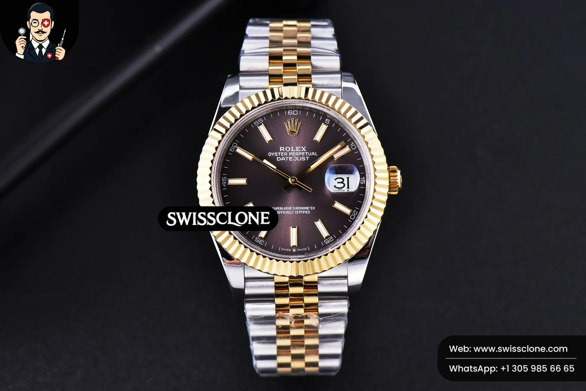 Rolex Datejust 41mm YG/SS Gray Dial Stick Marker Fluted Bezel Jubille VR3235 1:1 Super Clone - Dial Macro Close-Up