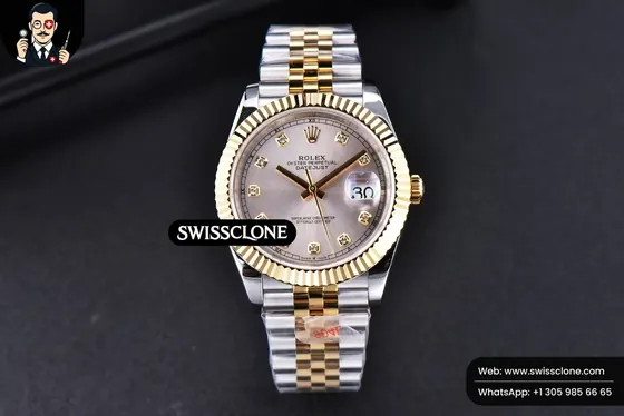 Rolex Datejust 41mm YG/SS Silver Dial Diamond Marker Fluted Bezel Jubille VR3235 1:1 Super Clone - Dial Macro Close-Up