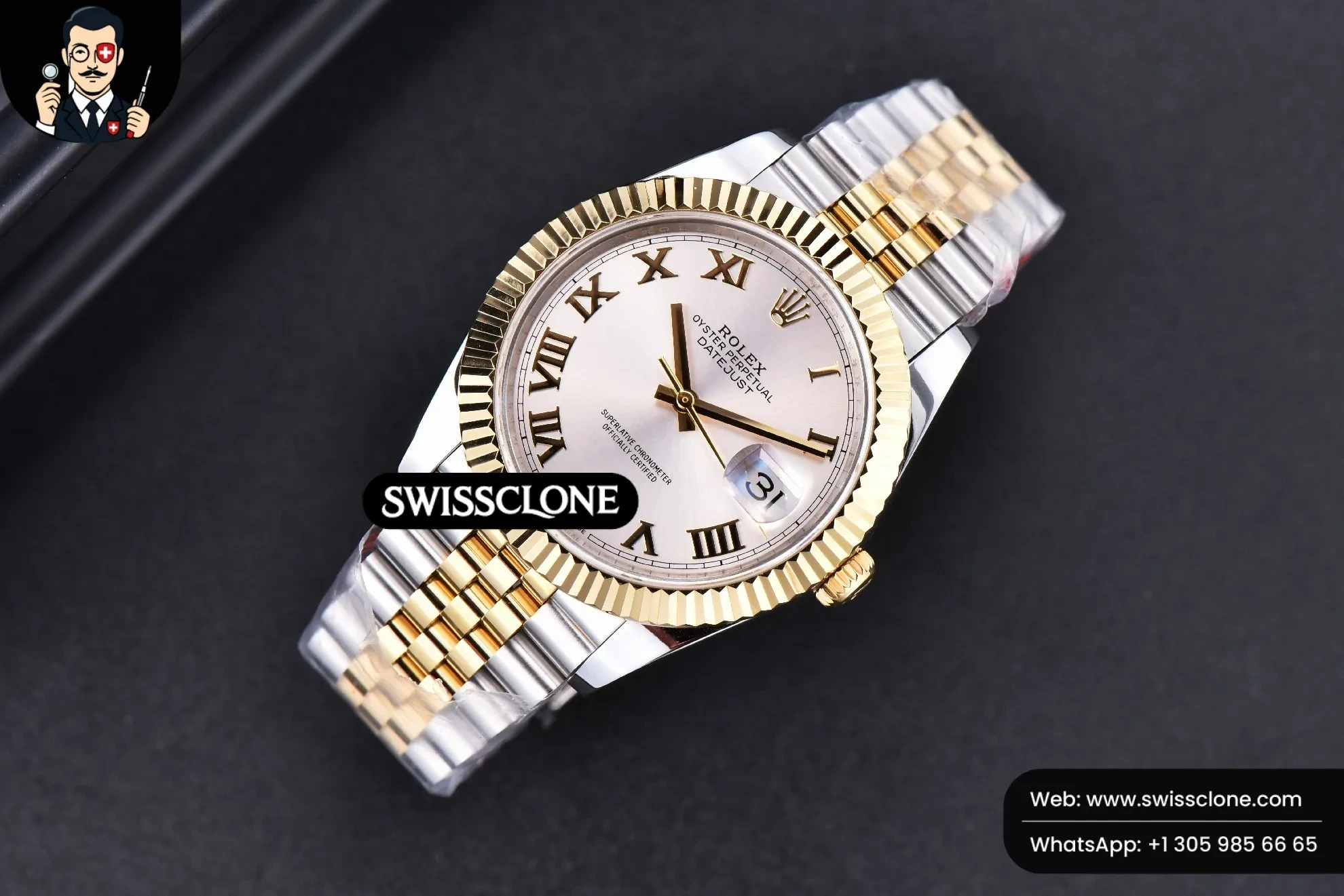 Rolex Datejust 41mm YG/SS Silver Dial Roma Marker Fluted Bezel Jubille VR3235 1:1 Super Clone - Bezel & Case Profile