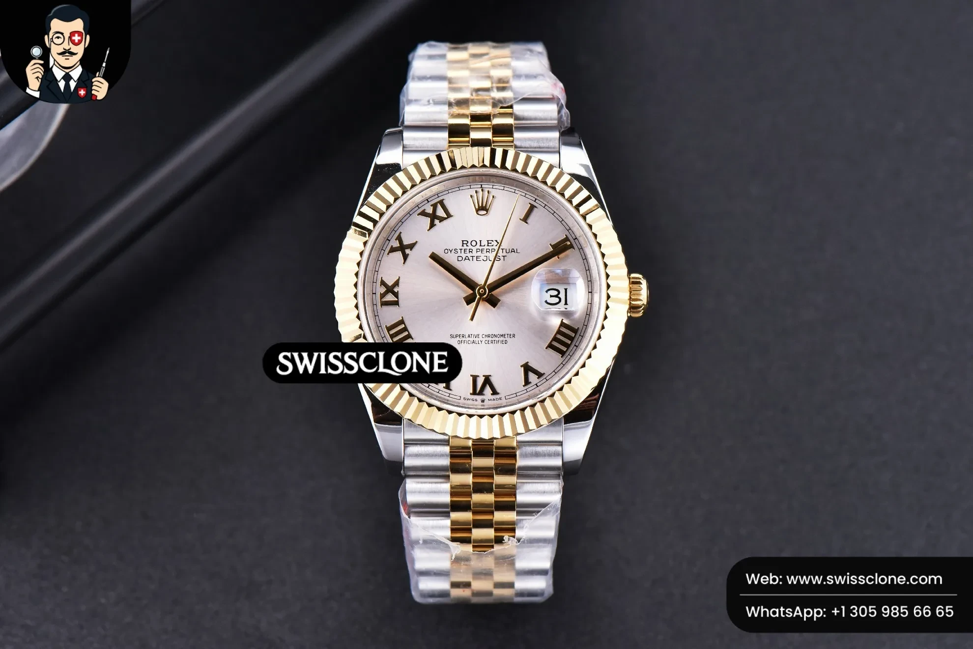 Rolex Datejust 41mm YG/SS Silver Dial Roma Marker Fluted Bezel Jubille VR3235 1:1 Super Clone - Dial Macro Close-Up