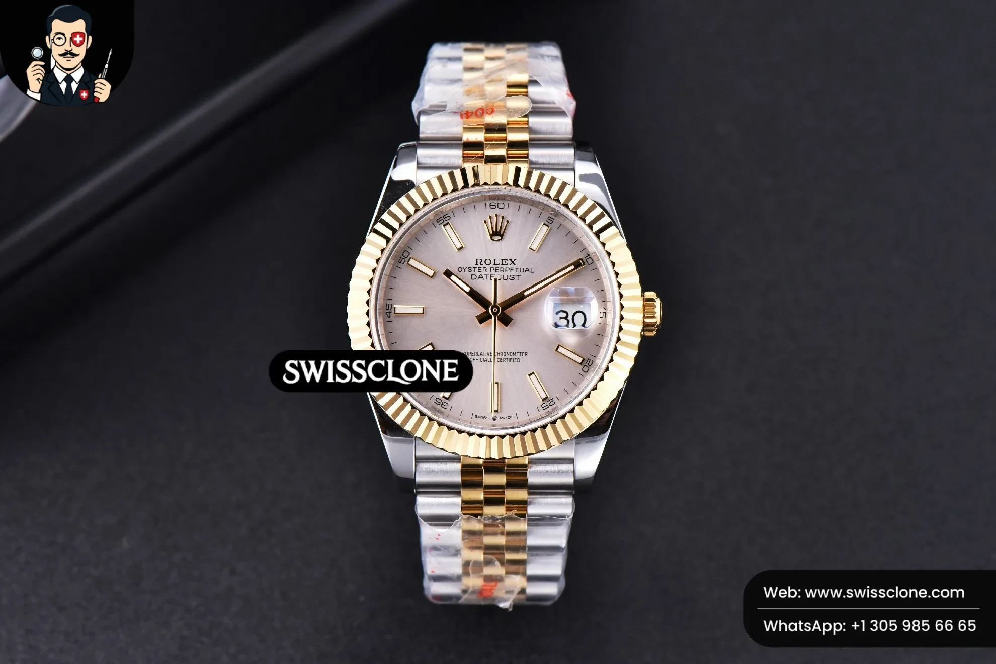 Rolex Datejust 41mm YG/SS Silver Dial Stick Marker Fluted Bezel Jubille VR3235 1:1 Super Clone - Dial Macro Close-Up