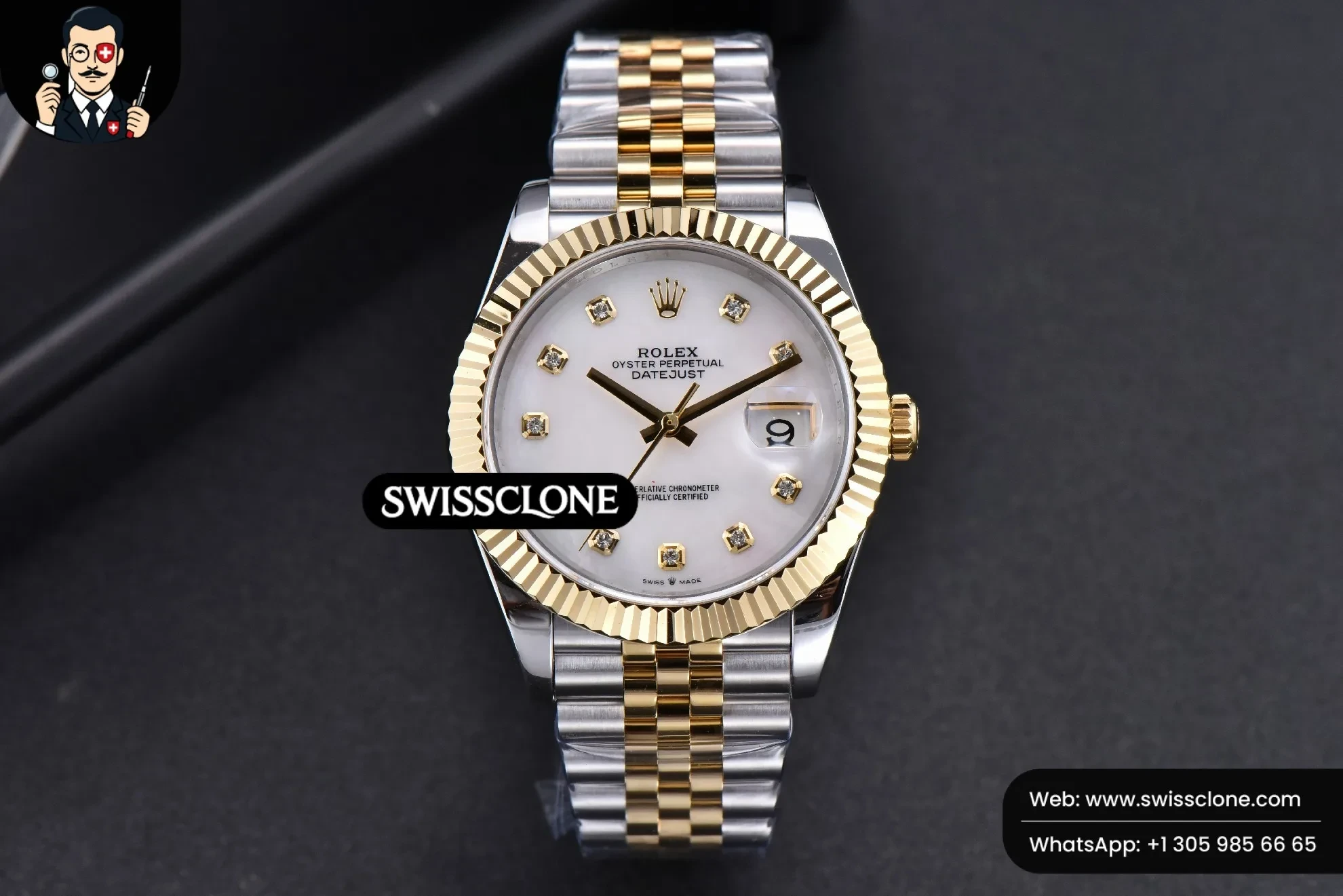 Rolex Datejust 41mm YG/SS White Dial diamond Marker Fluted Bezel Jubille VR3235 1:1 Super Clone - Dial Macro Close-Up