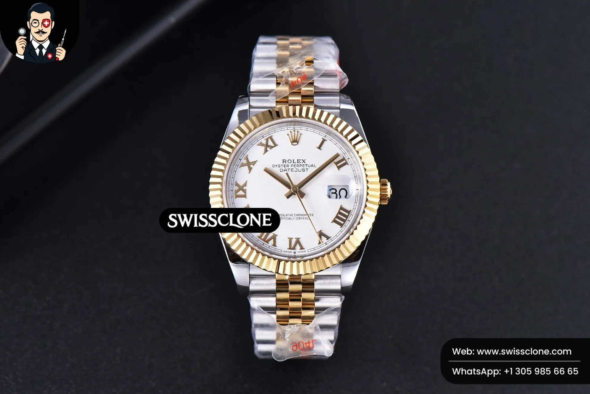 Rolex Datejust 41mm YG/SS White Dial Roma Marker Fluted Bezel Jubille VR3235 1:1 Super Clone - Dial Macro Close-Up