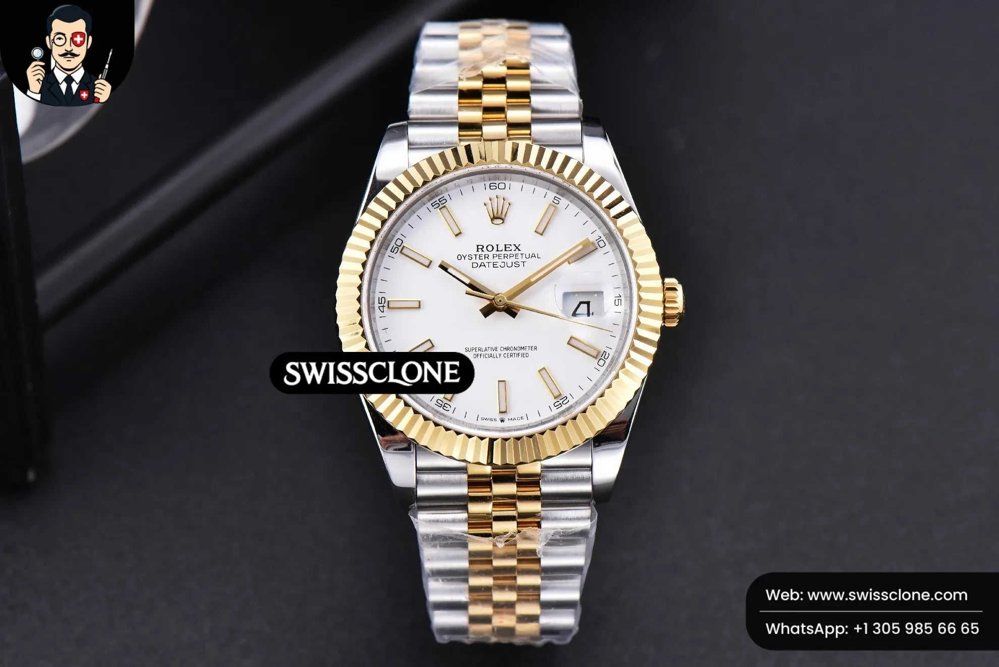 Rolex Datejust 41mm YG/SS White Dial Stick Marker Fluted Bezel Jubille VR3235 1:1 Super Clone - Dial Macro Close-Up