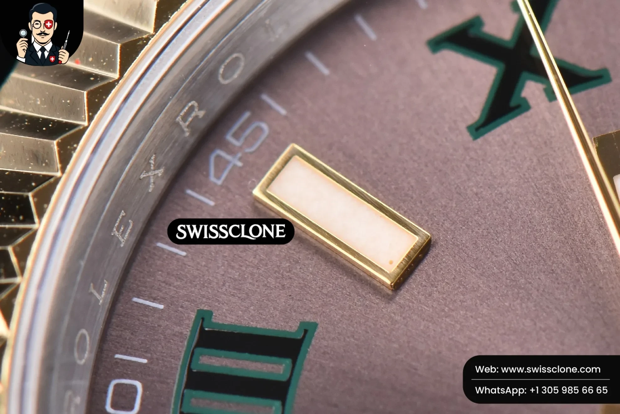Rolex Datejust 41mm YG/SS Wimbledon Gray Dial Green Roma Marker Fluted Bezel Jubille VR3235 1:1 Super Clone - Lateral Case Thickness Profile