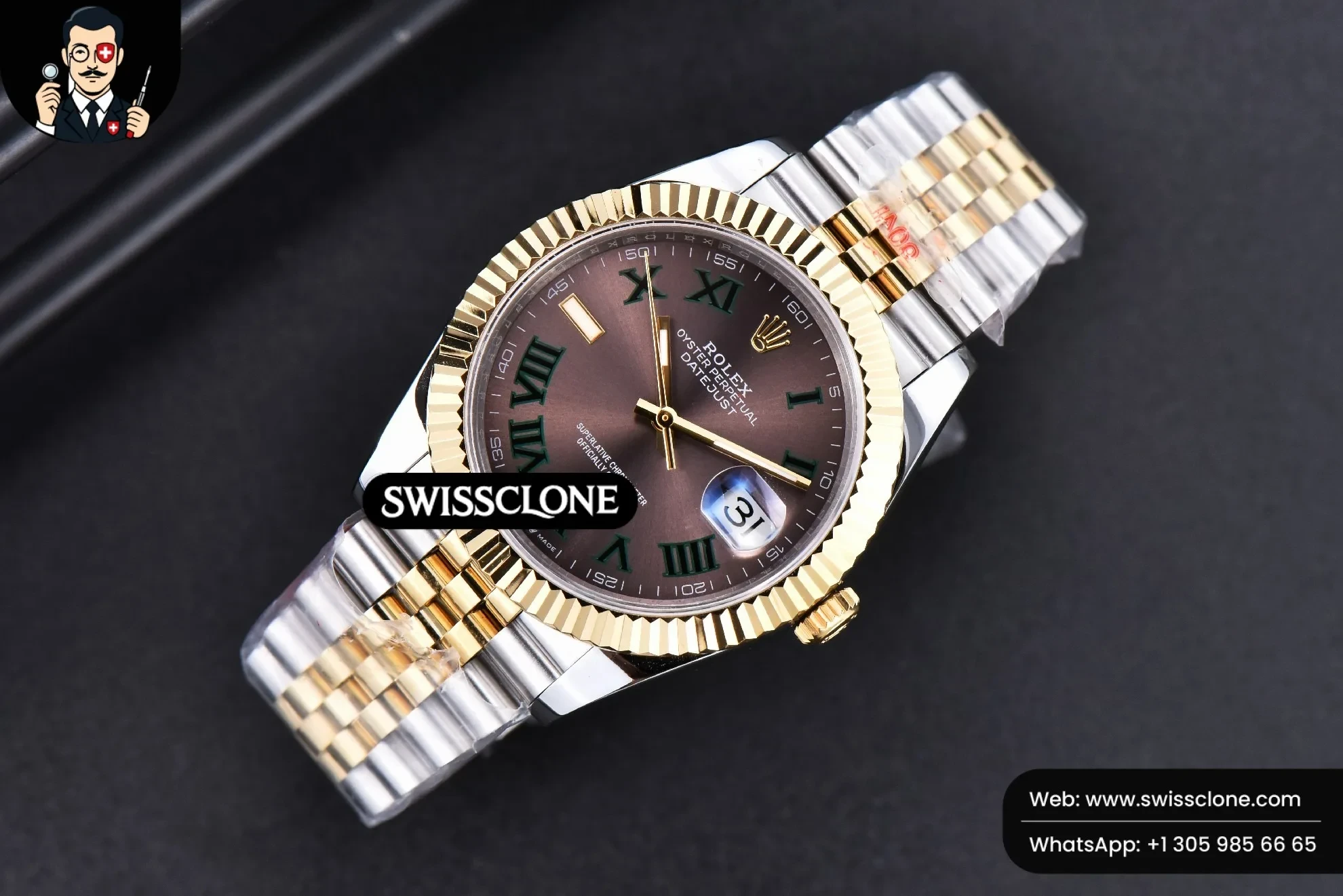 Rolex Datejust 41mm YG/SS Wimbledon Gray Dial Green Roma Marker Fluted Bezel Jubille VR3235 1:1 Super Clone - Bezel & Case Profile