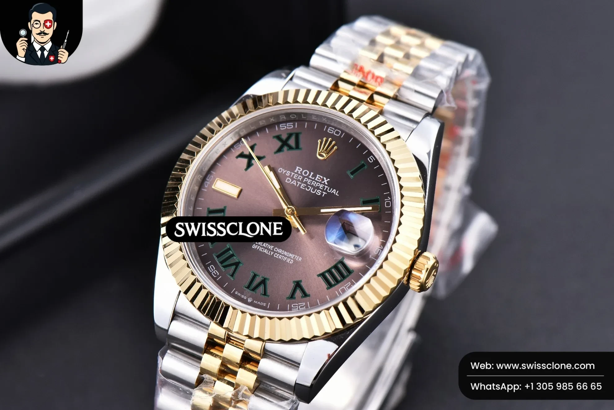 Rolex Datejust 41mm YG/SS Wimbledon Gray Dial Green Roma Marker Fluted Bezel Jubille VR3235 1:1 Super Clone - Clasp & Bracelet Finishing