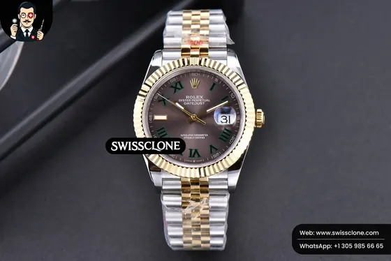 Rolex Datejust 41mm YG/SS Wimbledon Gray Dial Green Roma Marker Fluted Bezel Jubille VR3235 1:1 Super Clone - Dial Macro Close-Up