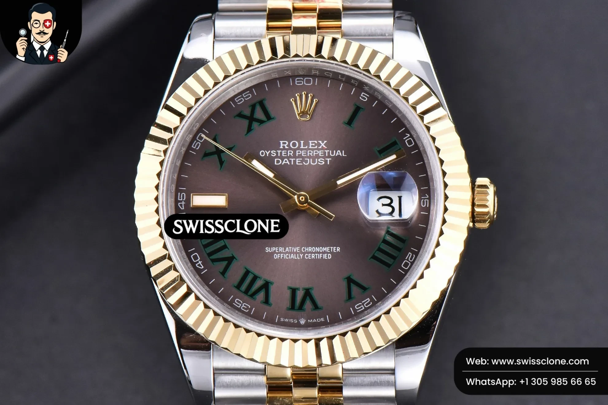 Rolex Datejust 41mm YG/SS Wimbledon Gray Dial Green Roma Marker Fluted Bezel Jubille VR3235