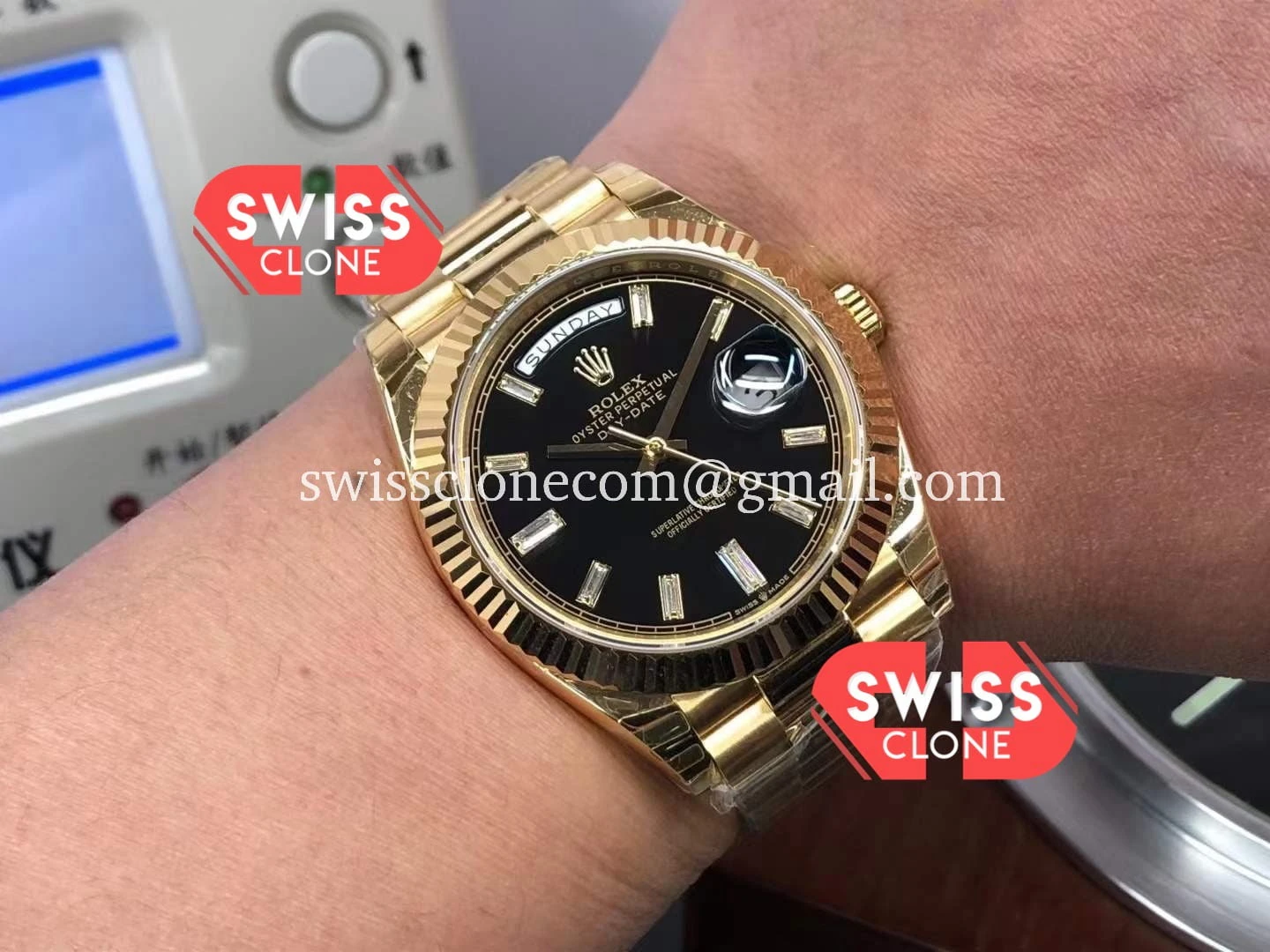 Rolex Day Date 40MM Black Dial Presidential Yellow Gold 1:1 Super Clone - On-Wrist Presence View