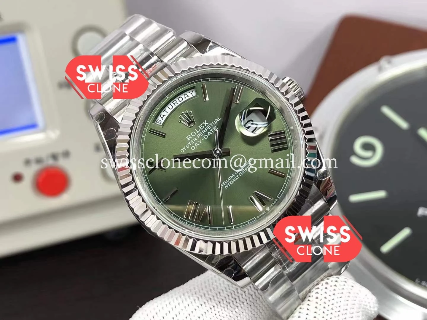 Rolex Day Date 40mm Green Dial Presidential Stainless Steel 1:1 Super Clone - Dial Macro Close-Up