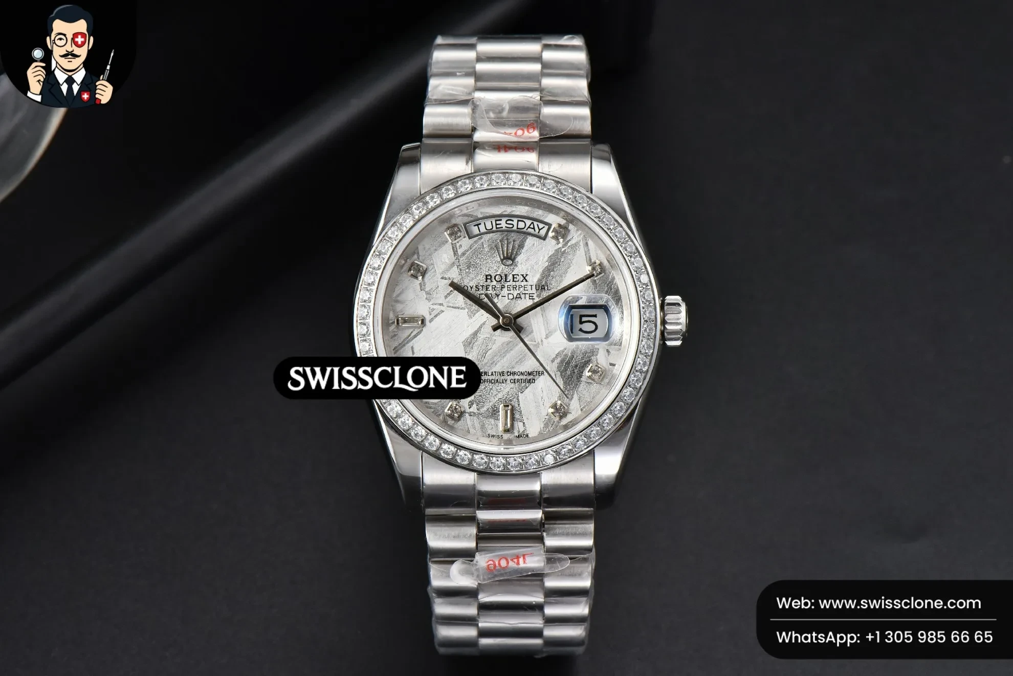 Rolex Daydate 36mm Diamond Meteorite Dial Diamond Marker 1:1 Super Clone - Dial Macro Close-Up