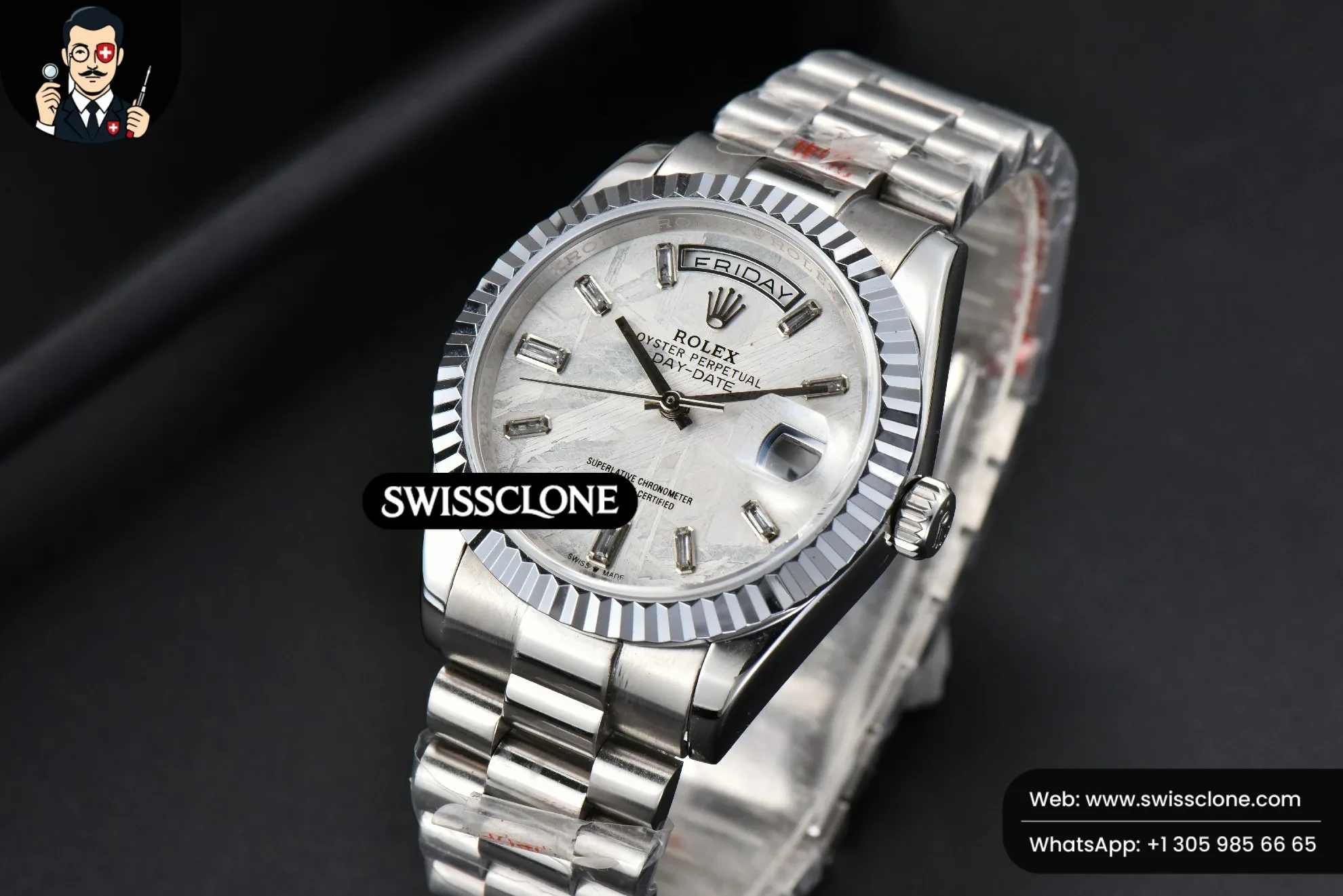 Rolex Daydate 36mm Meteorite Dial Diamond Marker (SW-30186) 1:1 Super Clone - Bezel & Lateral Case Profile