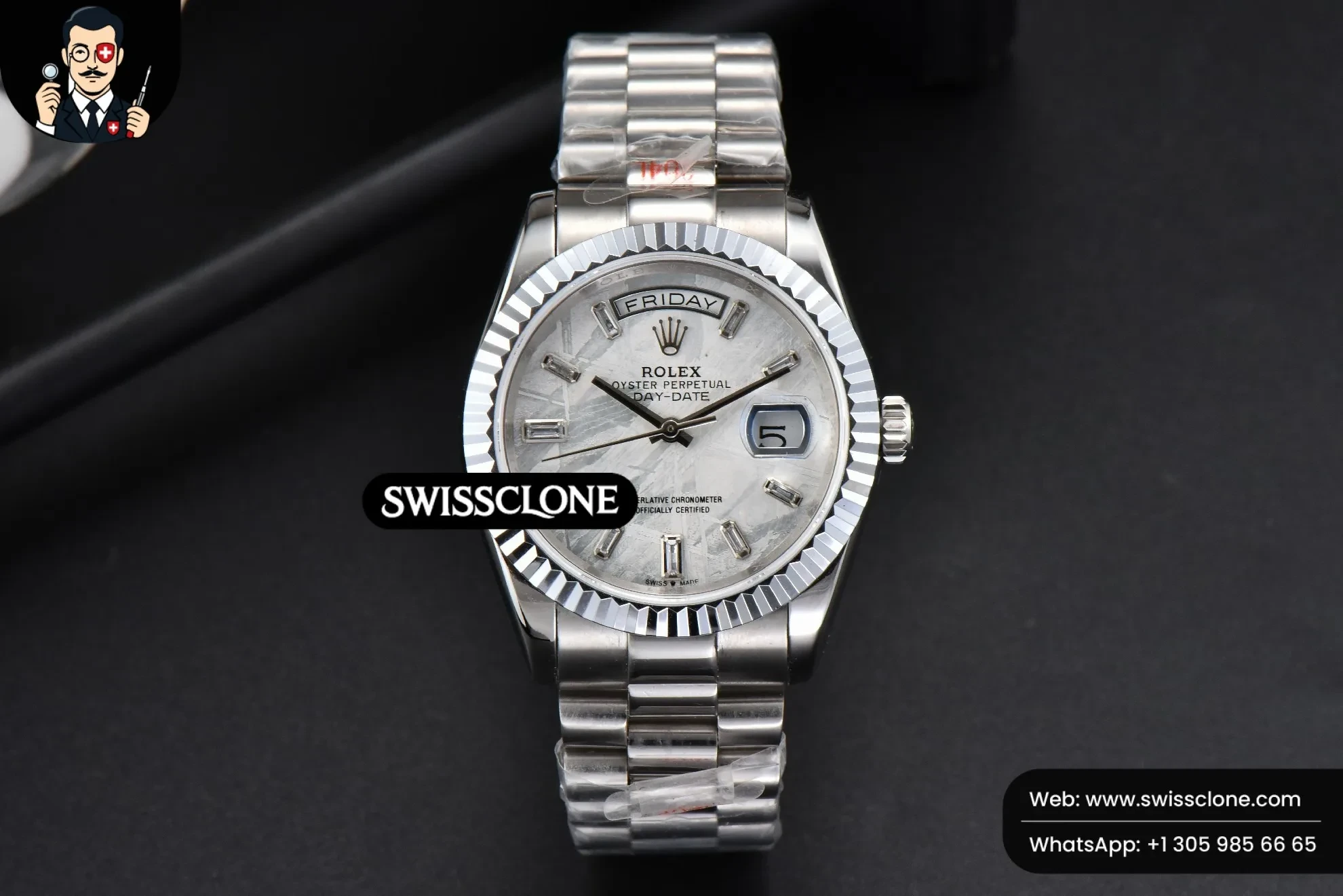 Rolex Daydate 36mm Meteorite Dial Diamond Marker (SW-30186) 1:1 Super Clone - Dial Macro & Hands Close-Up