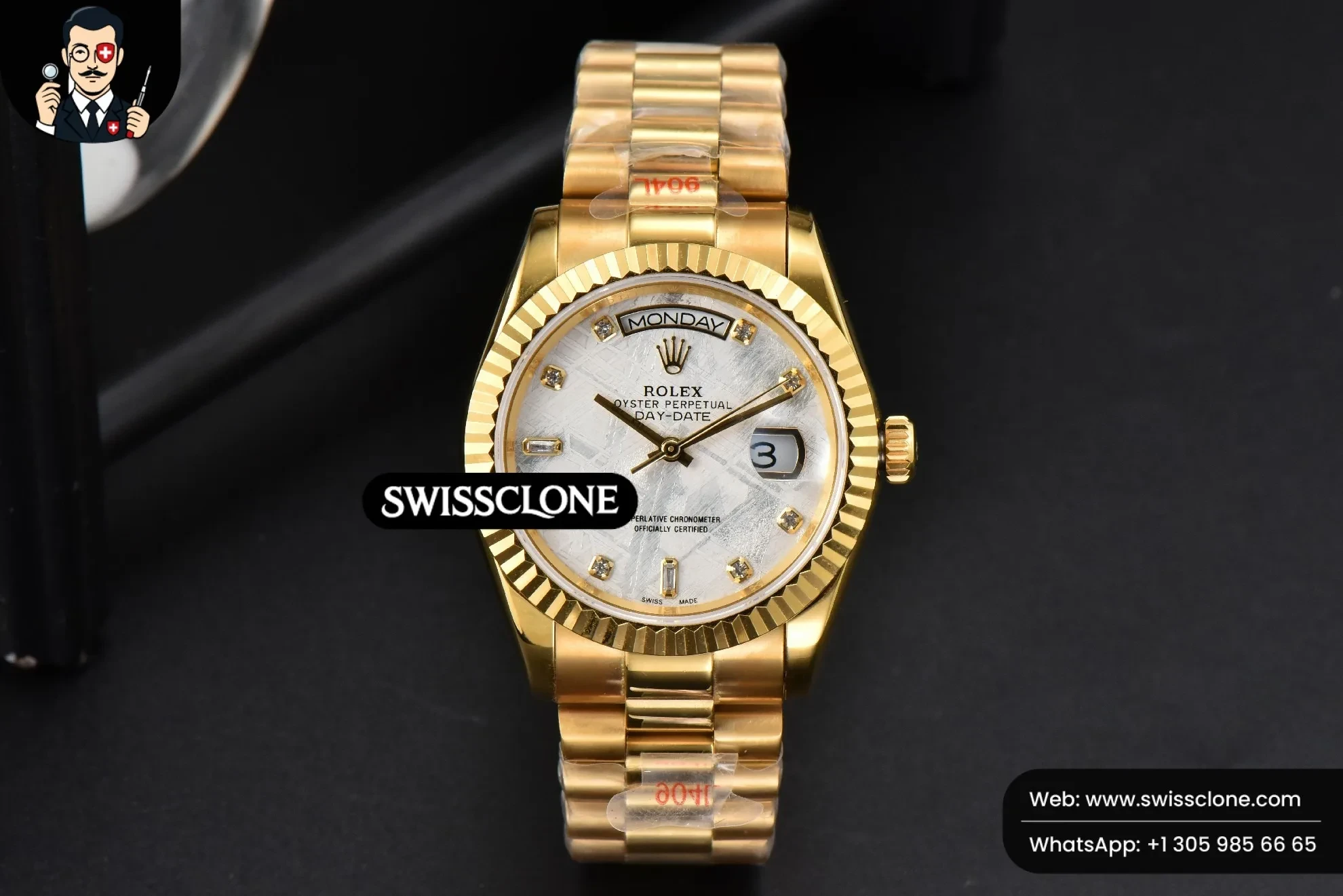 Rolex Daydate 36mm Meteorite Dial Diamond Marker (SW-30202) 1:1 Super Clone - Dial Macro & Hands Close-Up