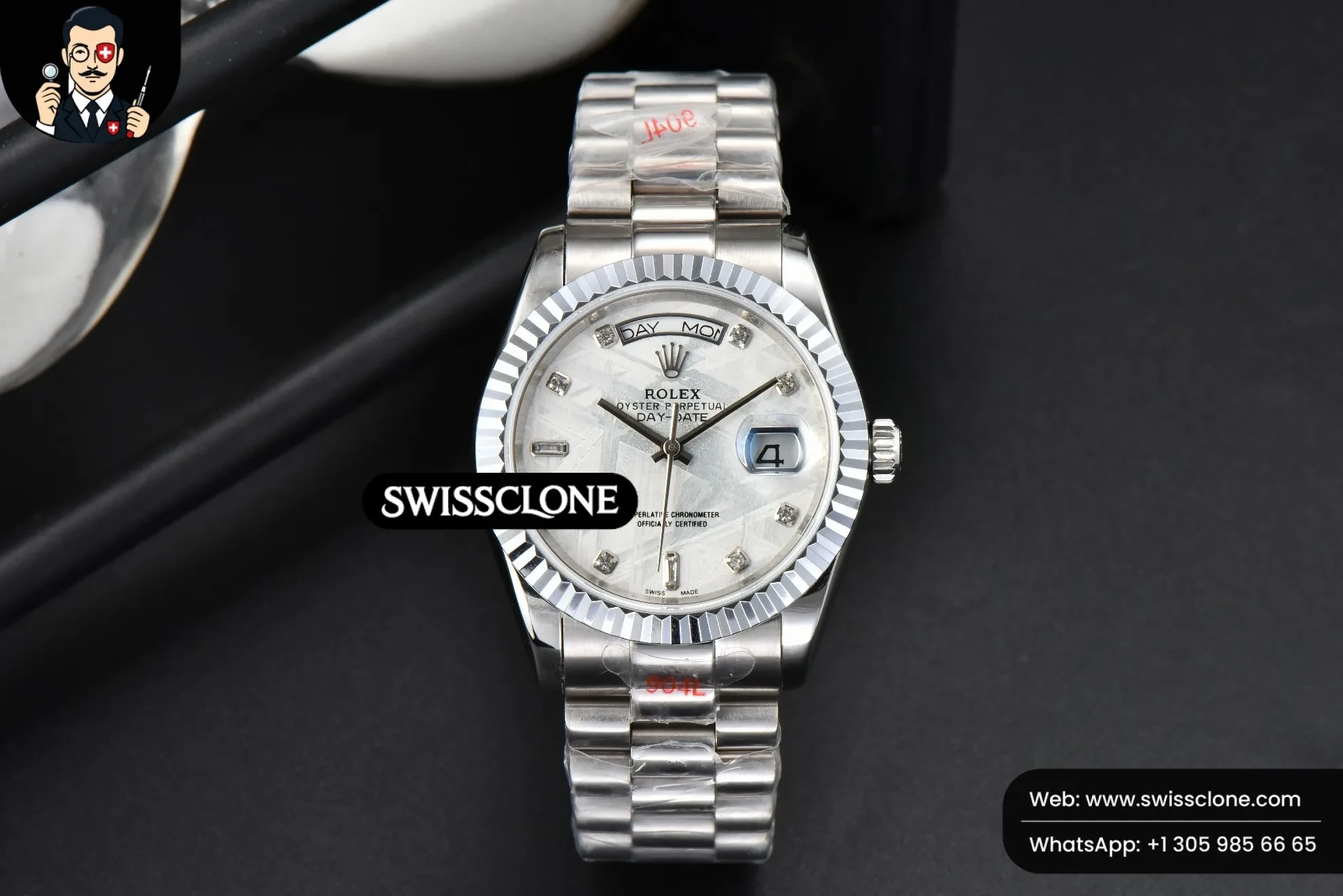 Rolex DayDate 36mm Meteorite Dial Diamond Marker 1:1 Super Clone - Dial Macro Close-Up