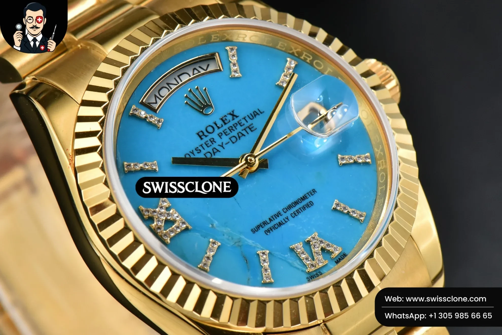 Rolex Daydate 36mm Meteorite Dial Roma Diamond Marker 1:1 Super Clone - Caseback & Cloned Calibre Movement