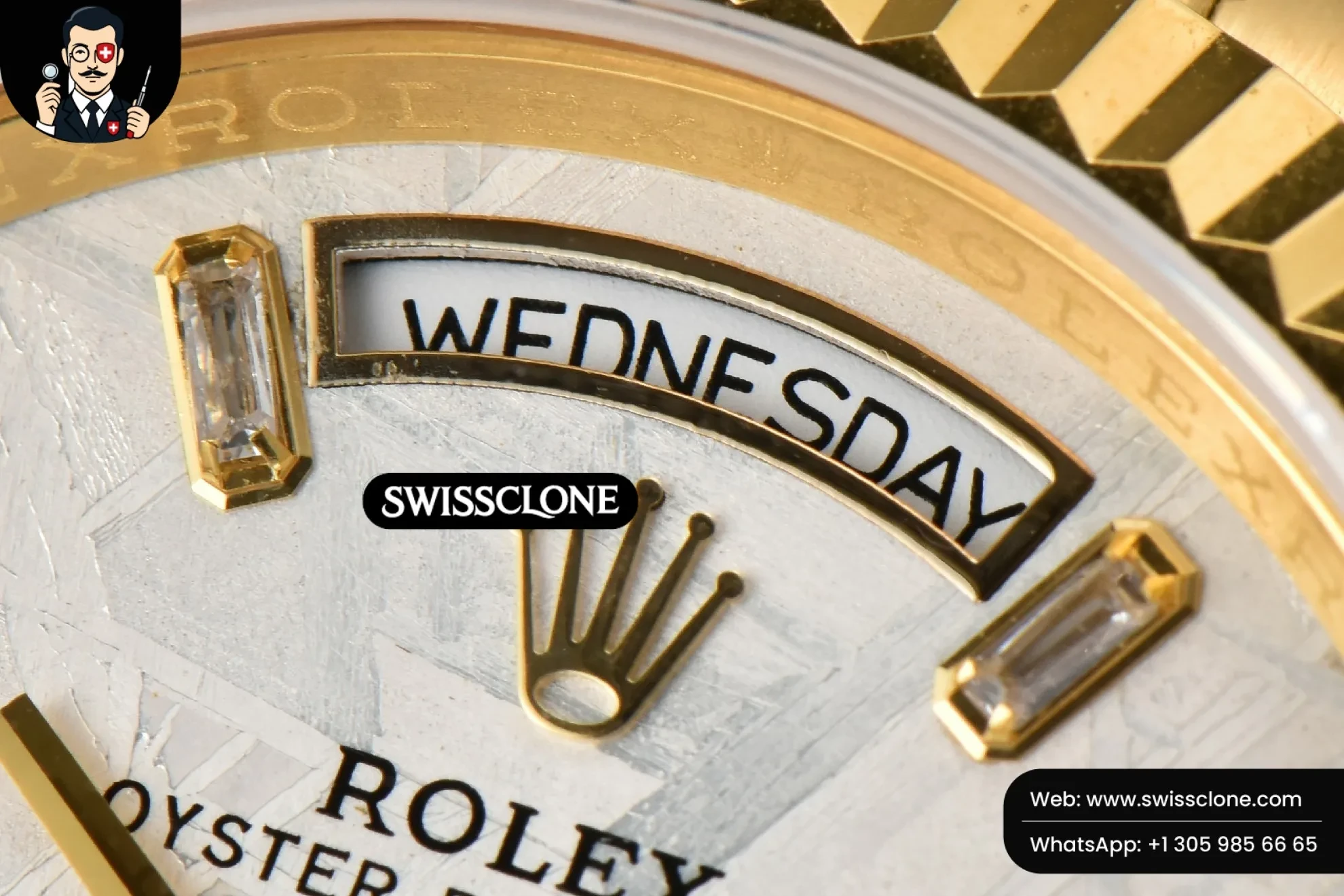 Rolex Daydate 36mm Meteorite Dial Stick Diamond Marker 1:1 Super Clone - Caseback & Cloned Calibre Movement