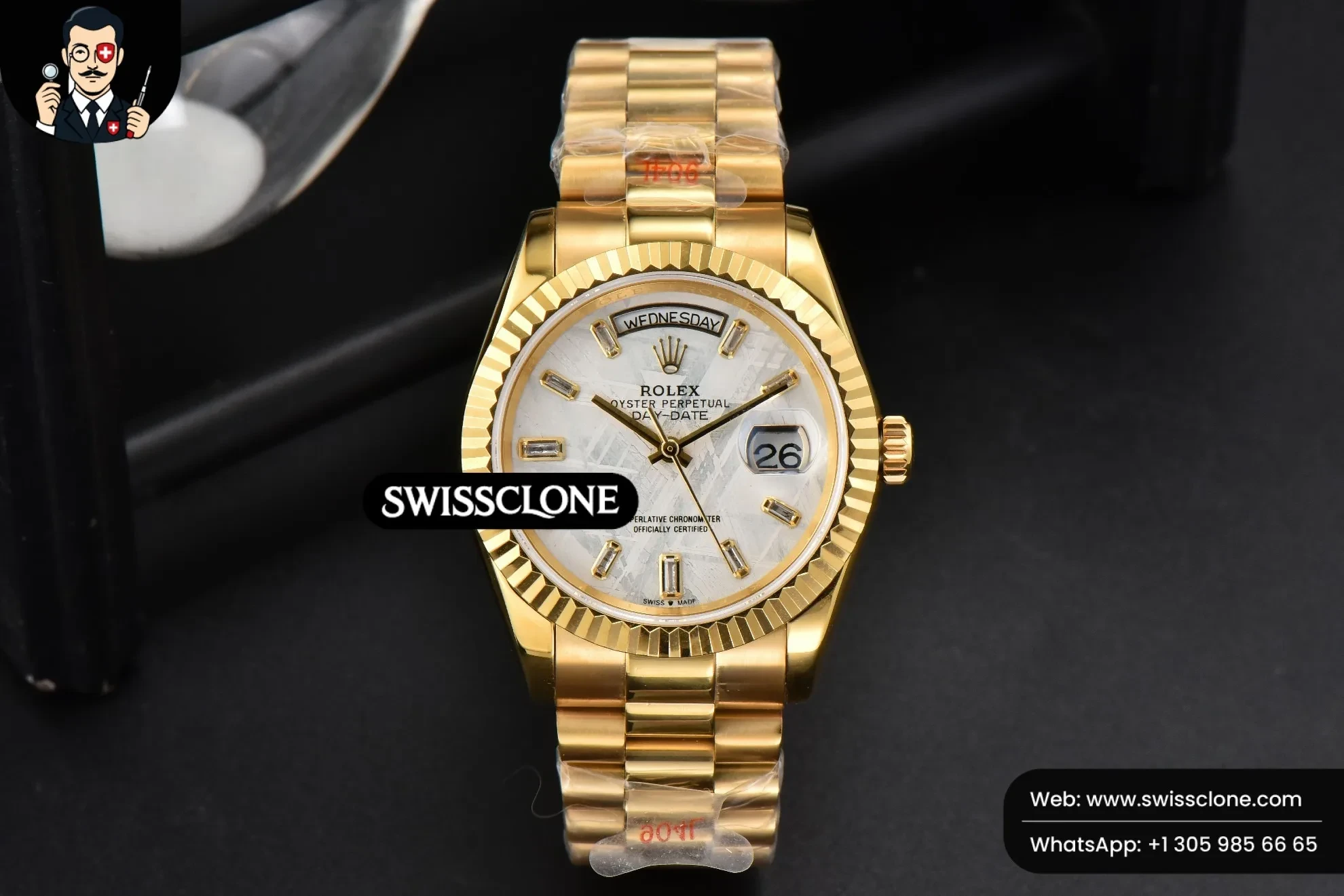 Rolex Daydate 36mm Meteorite Dial Stick Diamond Marker 1:1 Super Clone - Dial Macro Close-Up